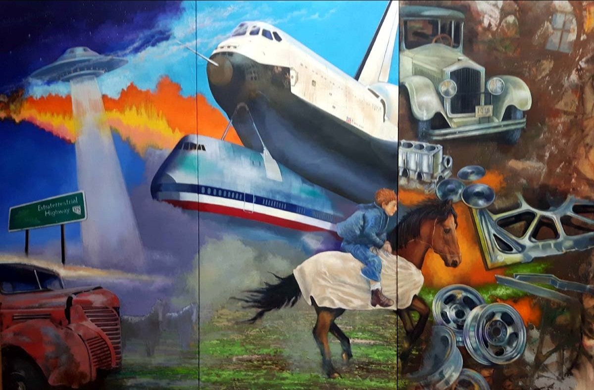 Robert J Daniel's Original Oil on Canvas Painting, 6 Panel, UFO, Planes, Horse Riding, Cars Artwork.