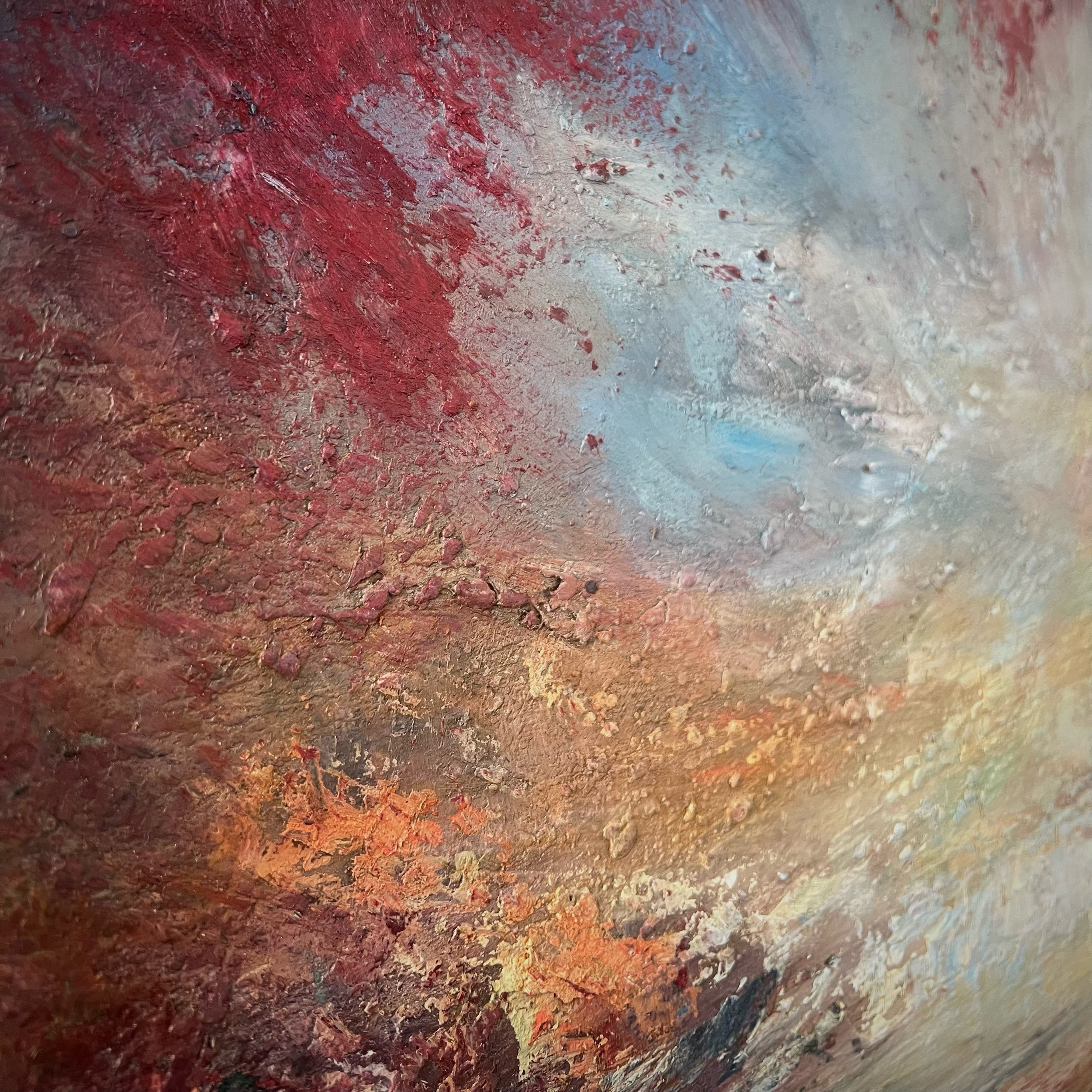 Close up of David Bannister's Beautiful Scenic Oil on Board Painting, Water Reflection, Red, Blue, Yellow with Dark Contrasts, Sunset, Pretty Artwork.