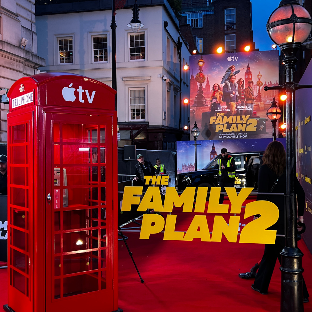On site-safety delivery for an Apple TV production in Mayfair.  Tiger Events were appointed by DDA to deliver the on-site safety for The Family Plan 2 movie with a London set of a red phone box and London black cab on the red carpet
