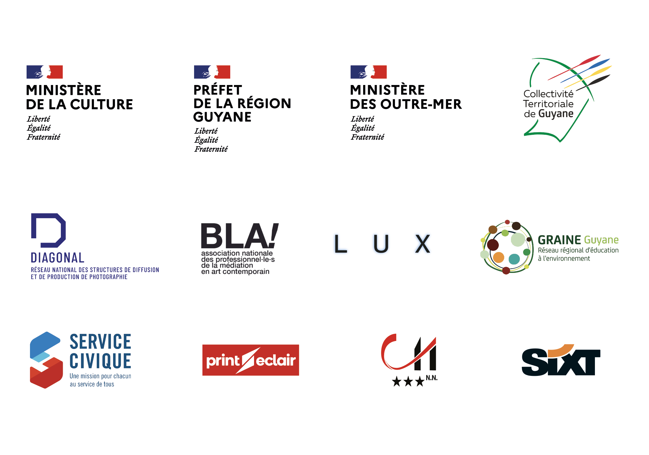 Logos de différentes organisations, y compris le Ministère de la Culture, le Préfet de la Région Guyane, le Ministère des Outre-mer, et d'autres telles que Service Civique et Sixt.