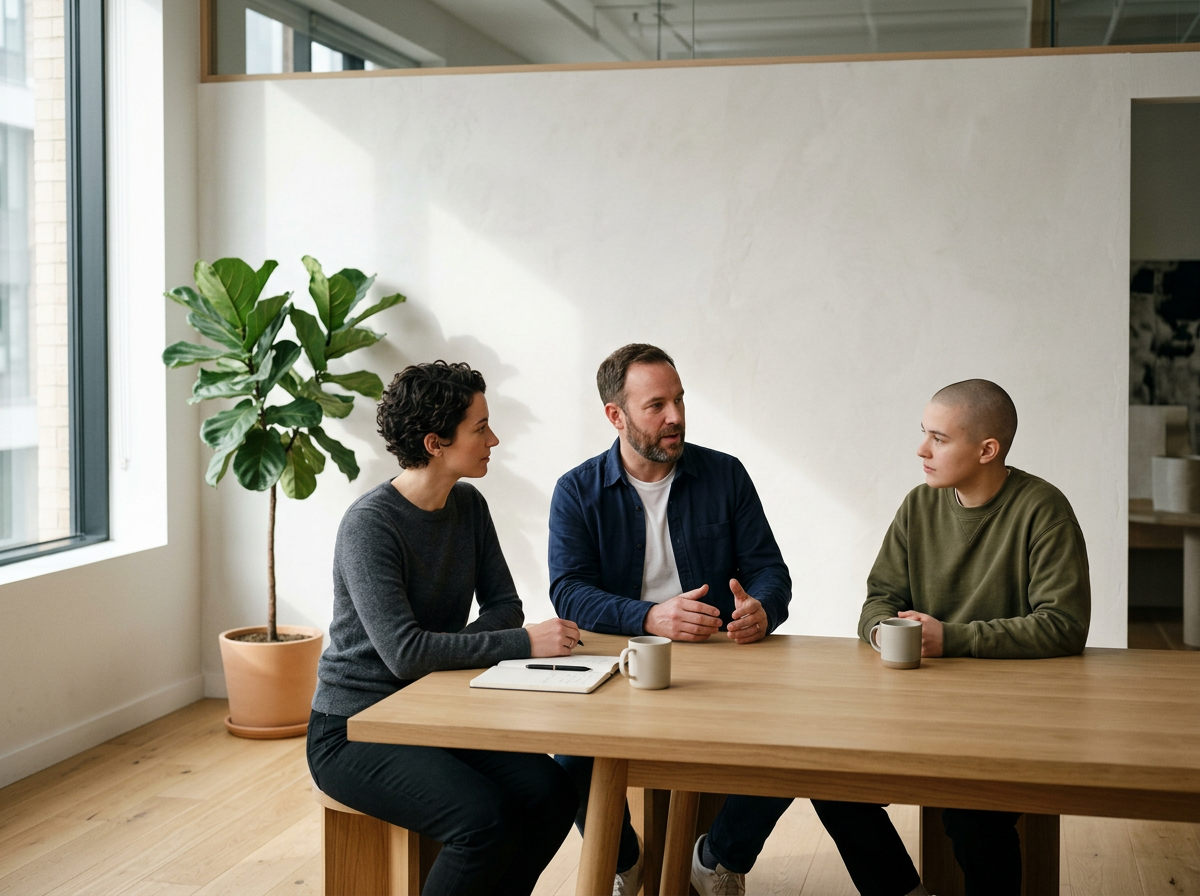 Three people having a serious conversation at a wooden table in a bright room with large windows and a potted plant.