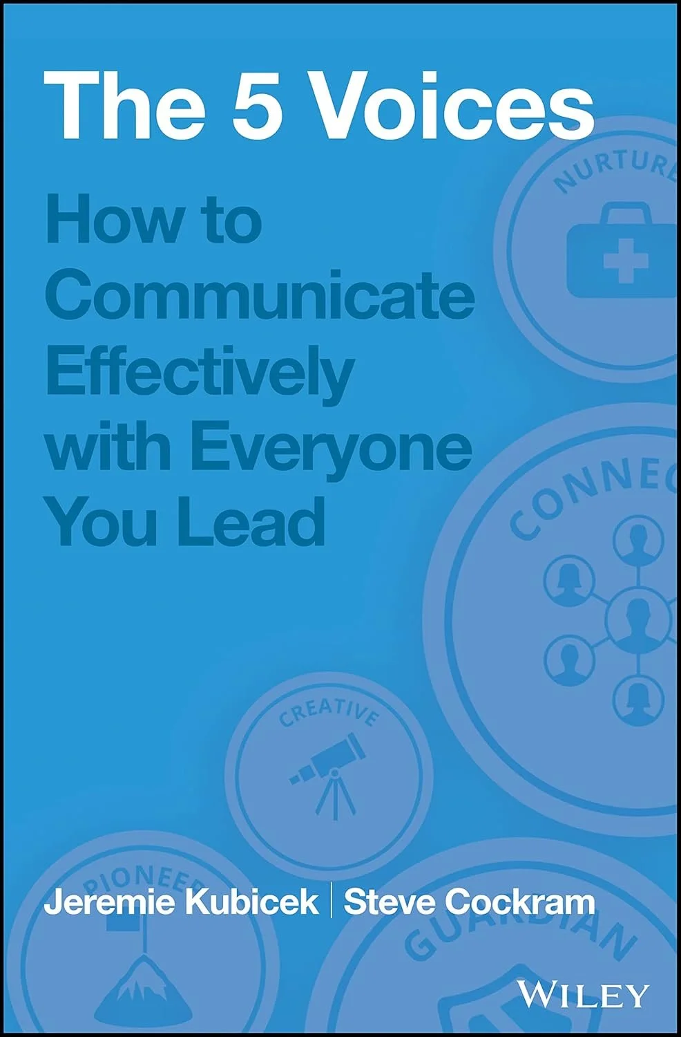 Book cover titled 'The 5 Voices: How to Communicate Effectively with Everyone You Lead' by Jeremie Kubicek and Steve Cockram, published by Wiley. The cover features blue tones with icons representing communication, connection, creativity, and nurturing.