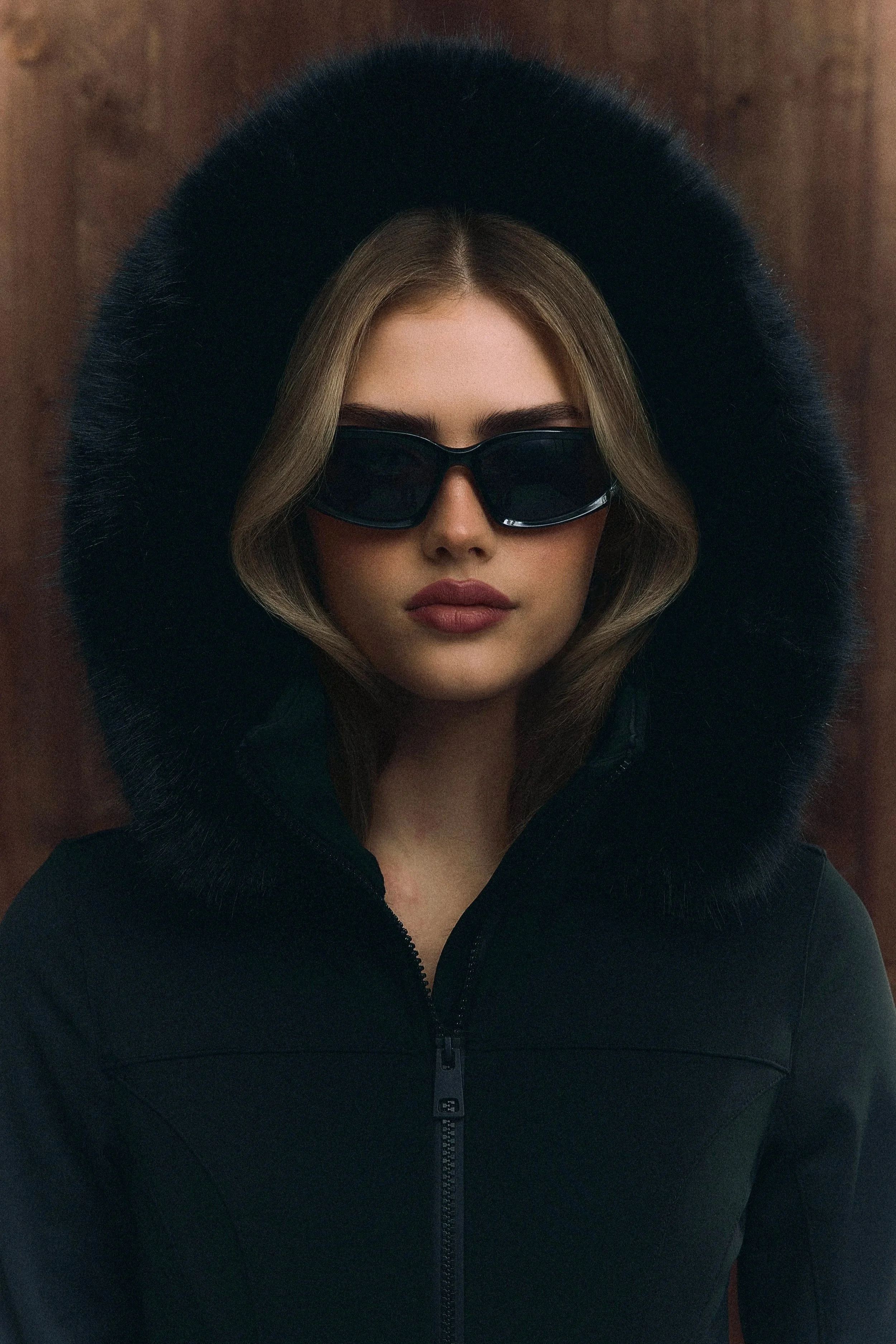 A woman wearing sunglasses and a black hooded winter coat with fur trim, standing indoors. Ski equipment is visible in the background. Ski campaign