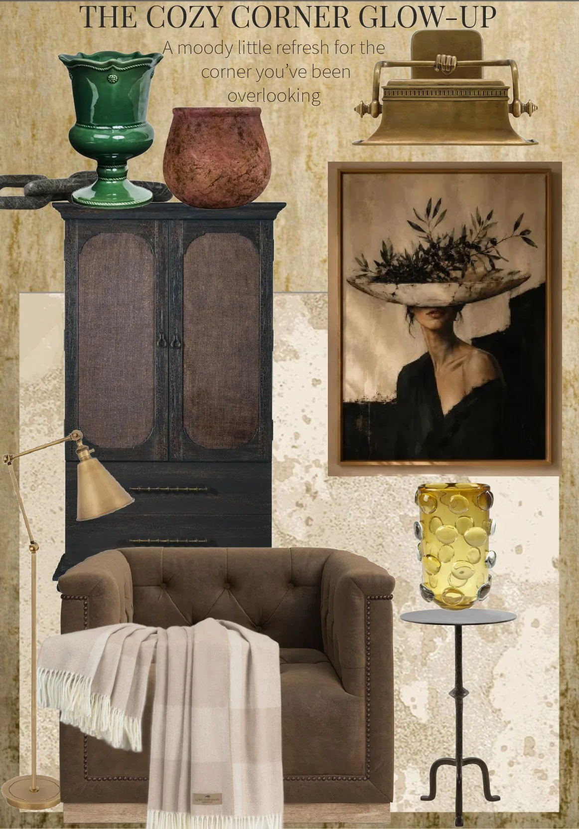 A curated mood board of decor pieces featuring layered textures, warm neutral tones, an Italian‑loomed plaid throw, and inviting seating, designed to transform a neglected corner into a cool, cozy indoor escape.