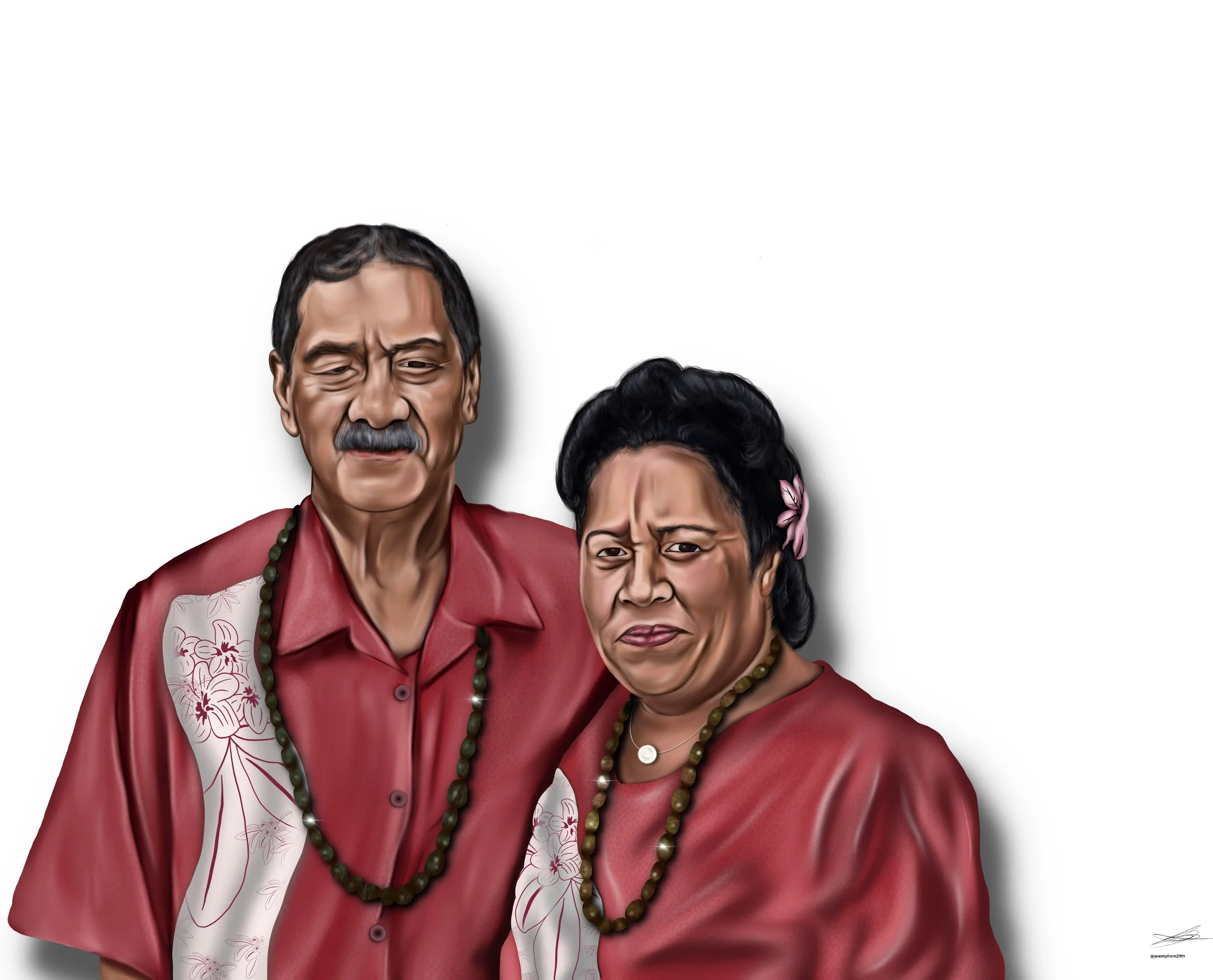 Digital painting of an elderly man and woman, both dressed in traditional red clothing with floral accents and green bead necklaces, standing against a plain white background.