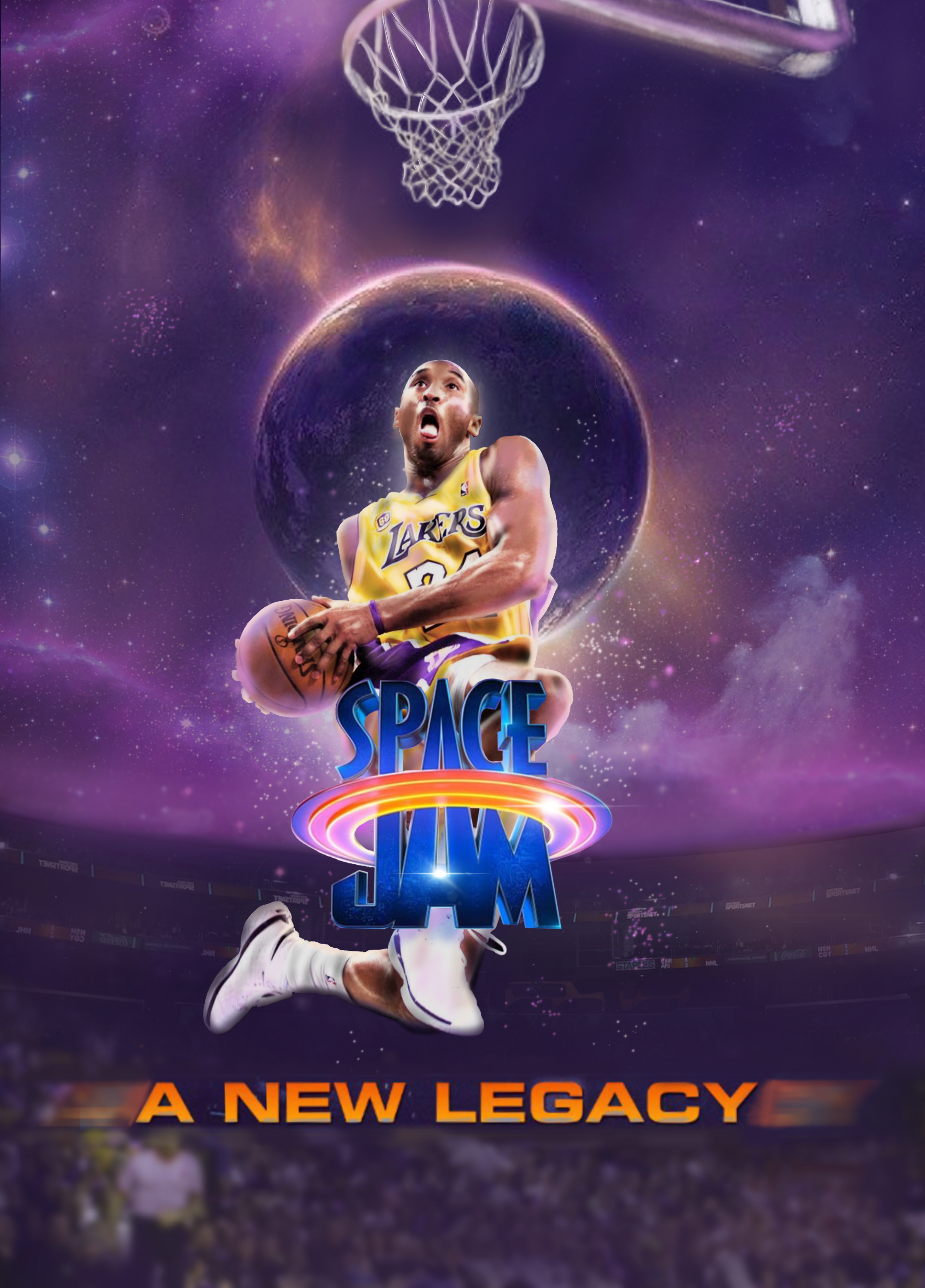 A basketball player in Los Angeles Lakers jersey jumping with a basketball, set against a cosmic space background with planets and stars, with the title 'SPACE JWM' and the tagline 'A NEW LEGACY.'