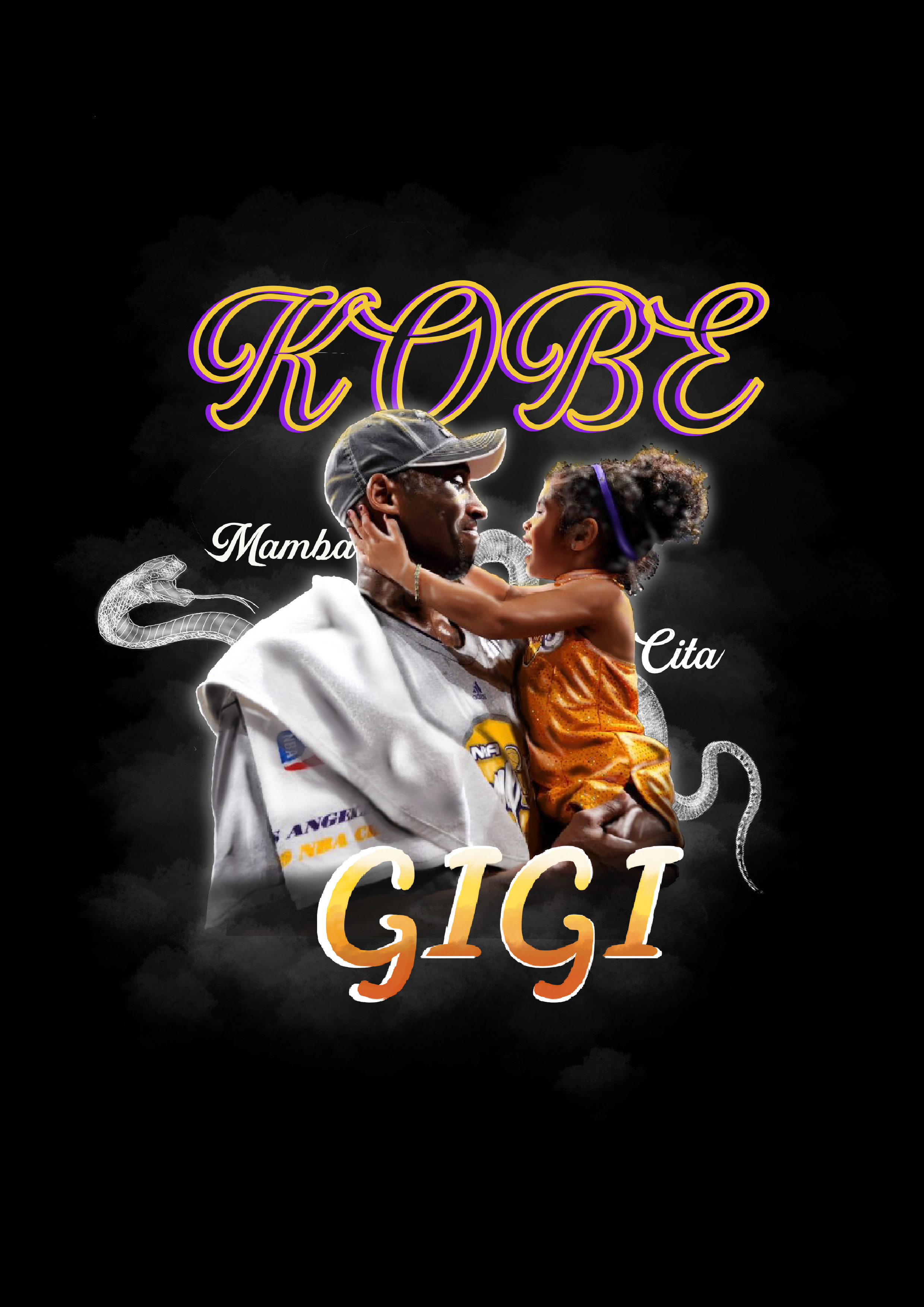 A man wearing a cap and a girl with curly hair and a purple headband, holding each other and looking at each other. The background is black with the words 'KOBE,' 'Mambo,' 'Cita,' and 'GIGI' in decorative fonts. Digital illustrations of a snake and a