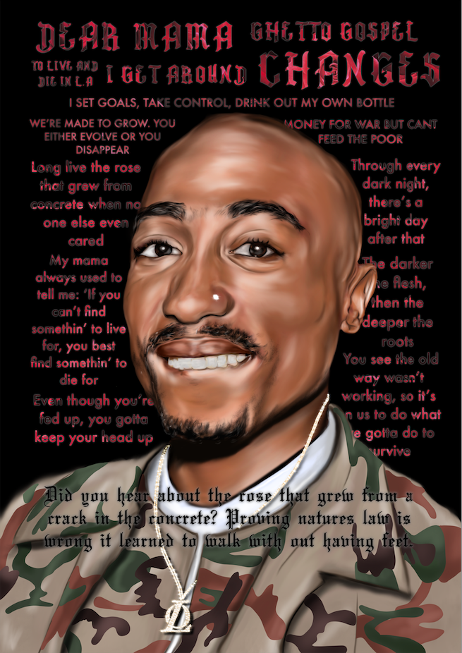 Illustration of a smiling man with a shaved head and facial hair, wearing a camouflage jacket and a chain with a pendant, set against a black background with red and white text. The text features lyrics from the song "Dear Mama" by 2Pac.