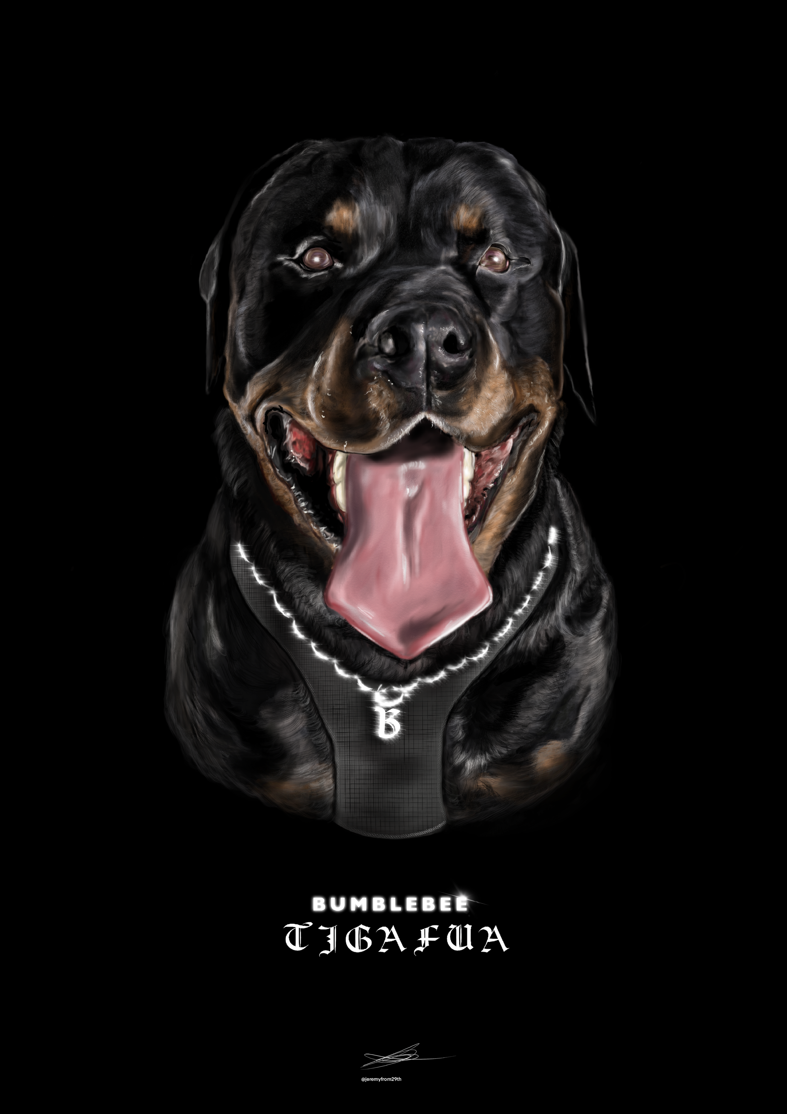 A digitally stylized portrait of a Rottweiler dog wearing a chain necklace with a letter 'b', and the words 'Bumblebee Tiga Fwa' at the bottom against a black background.