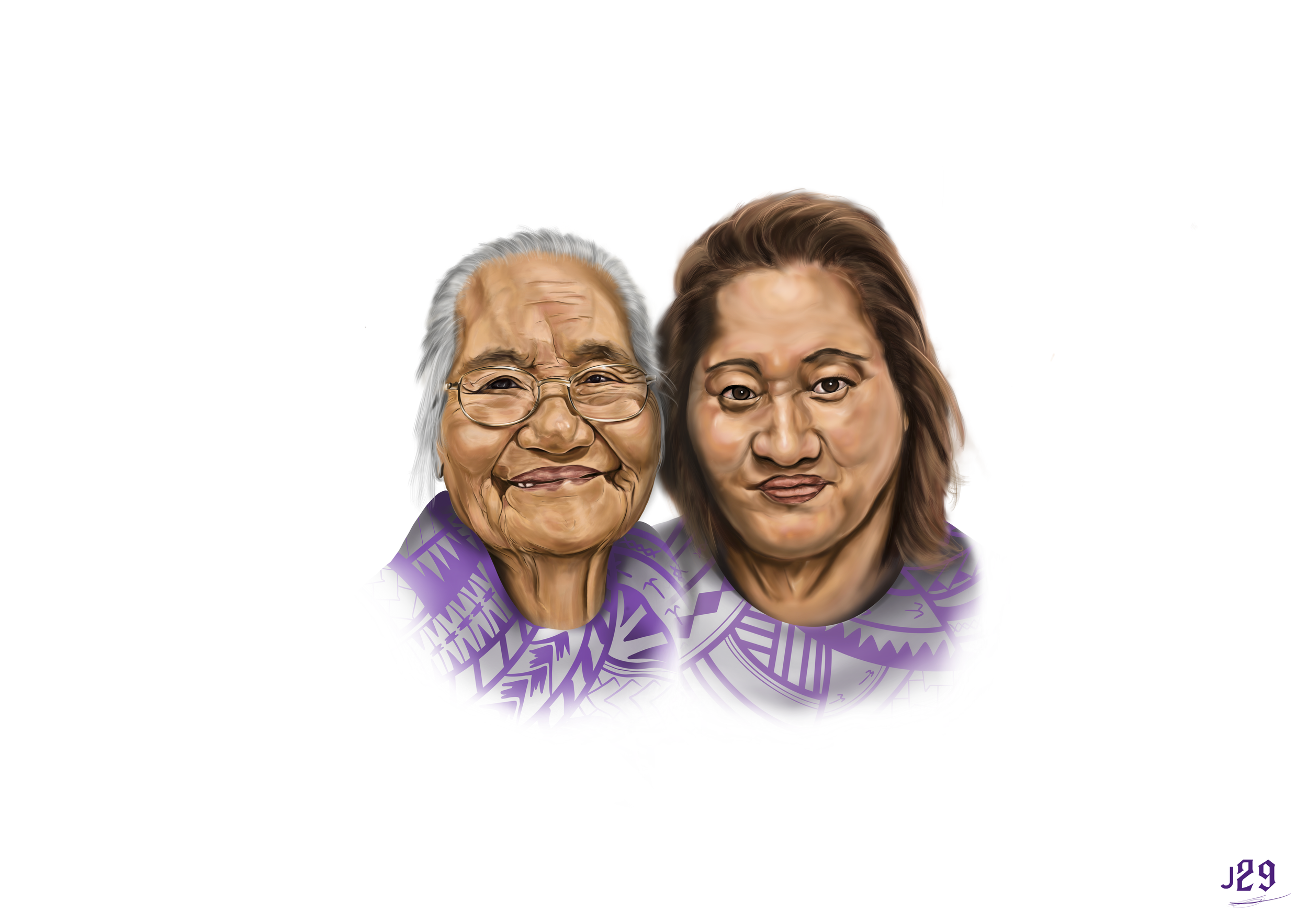 Digital illustration of two women with tan skin, one elderly with gray hair and glasses, and one middle-aged with brown hair, both wearing purple patterned clothing, smiling and posing together.