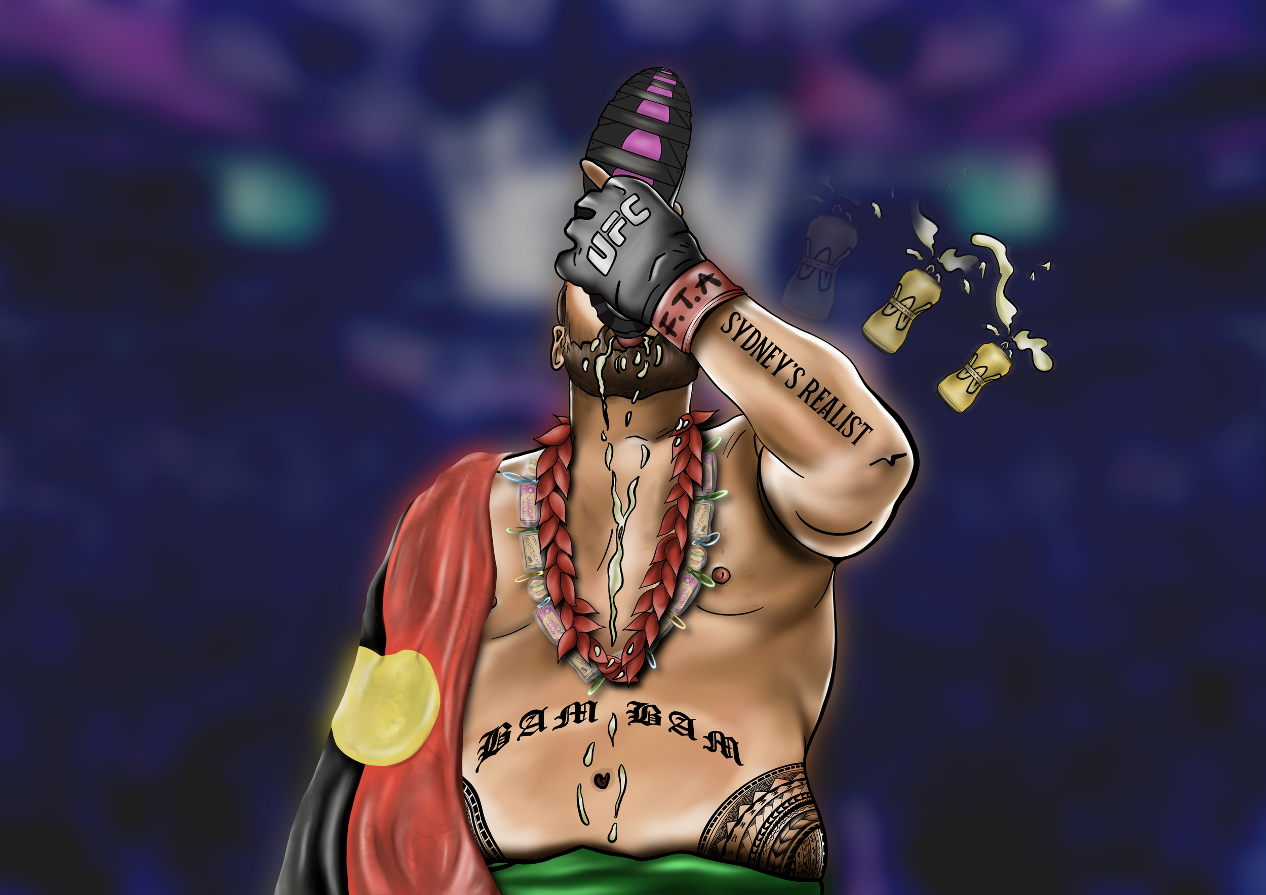 An animated portrait of a muscular person with tattoos, holding a UFC glove to their face, surrounded by falling beer mugs, against a dark background with a faint rainbow.