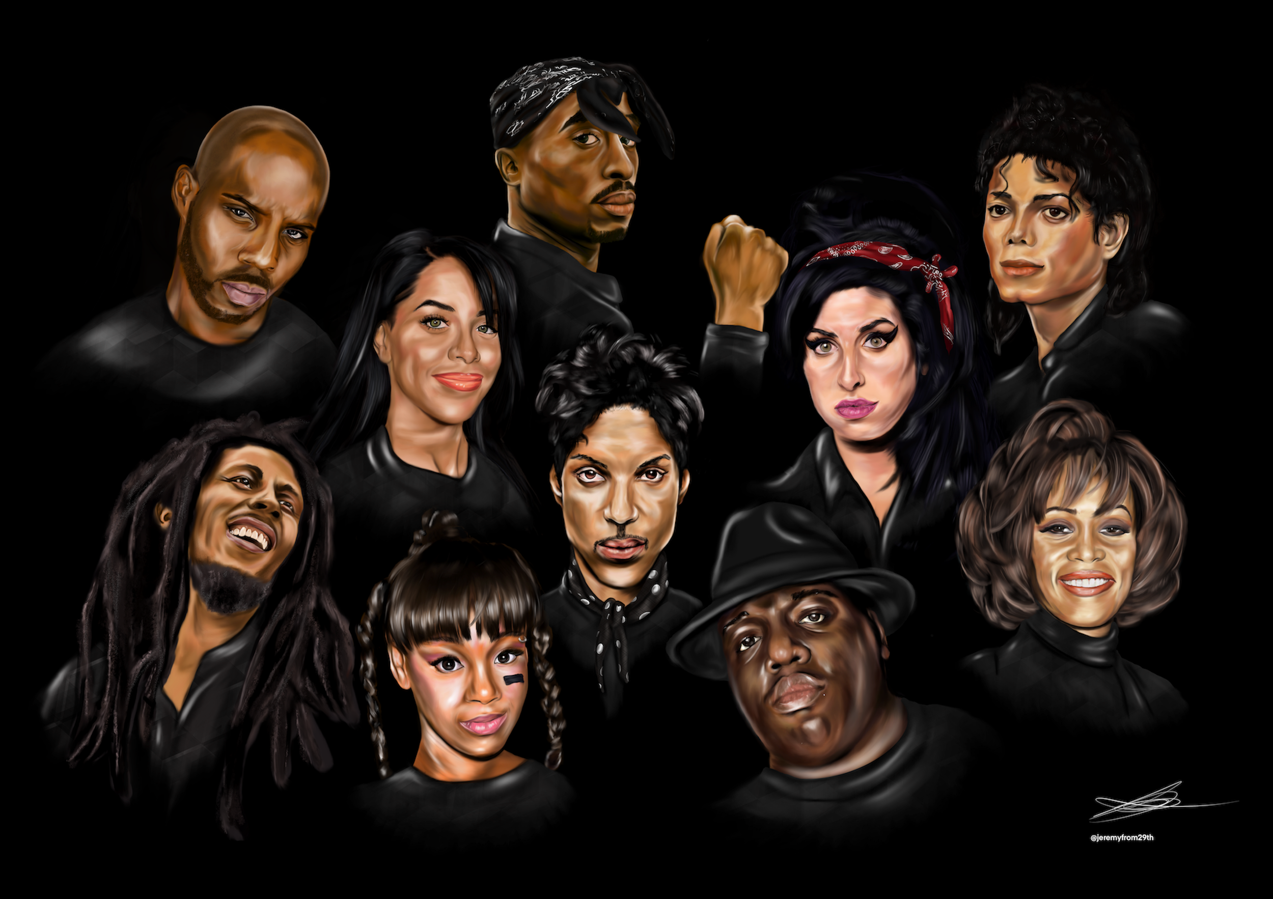 Digital illustration of eleven diverse people with various expressions and hairstyles, all wearing black clothing, against a black background.