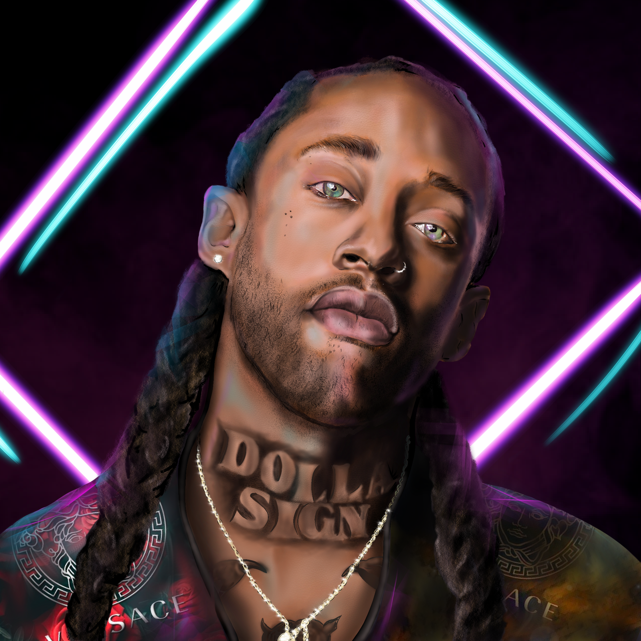Portrait of a person with long dreadlocks, tattoos, jewelry, and neon-lit background with diagonal lines.