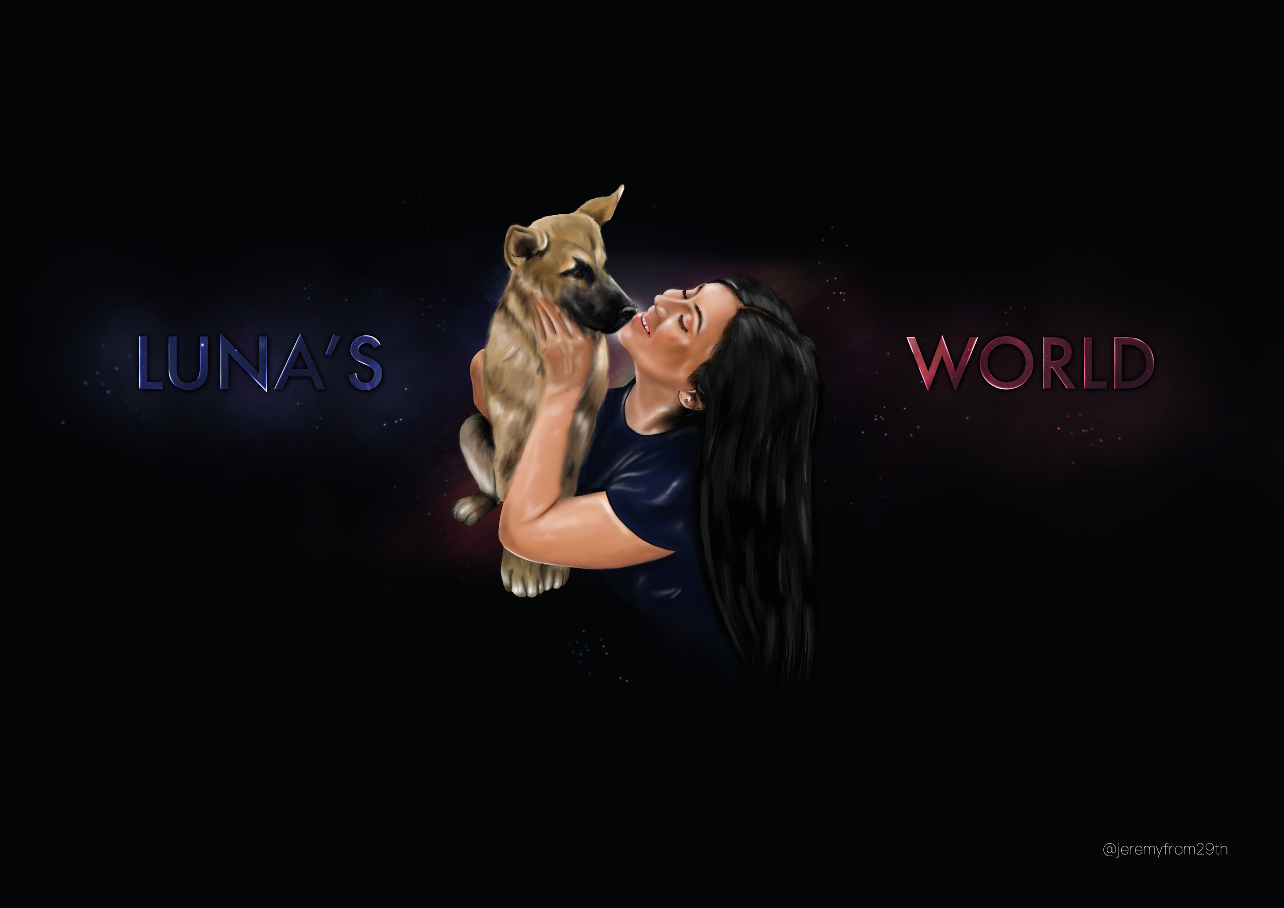 A woman with long black hair holding a dog, with the words 'LUNA'S' in blue on the left and 'WORLD' in pink on the right, set against a dark cosmic background.