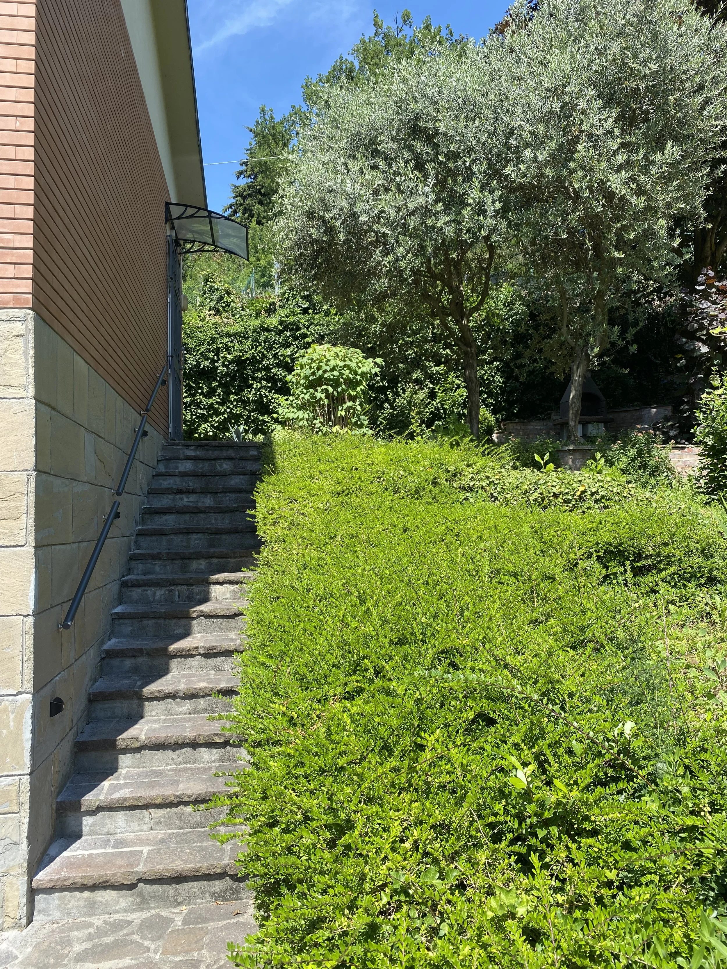 Scalinata in pietra che sale attraverso un giardino con arbusti e alberi verdi, parte di una casa con pareti rivestite in legno.