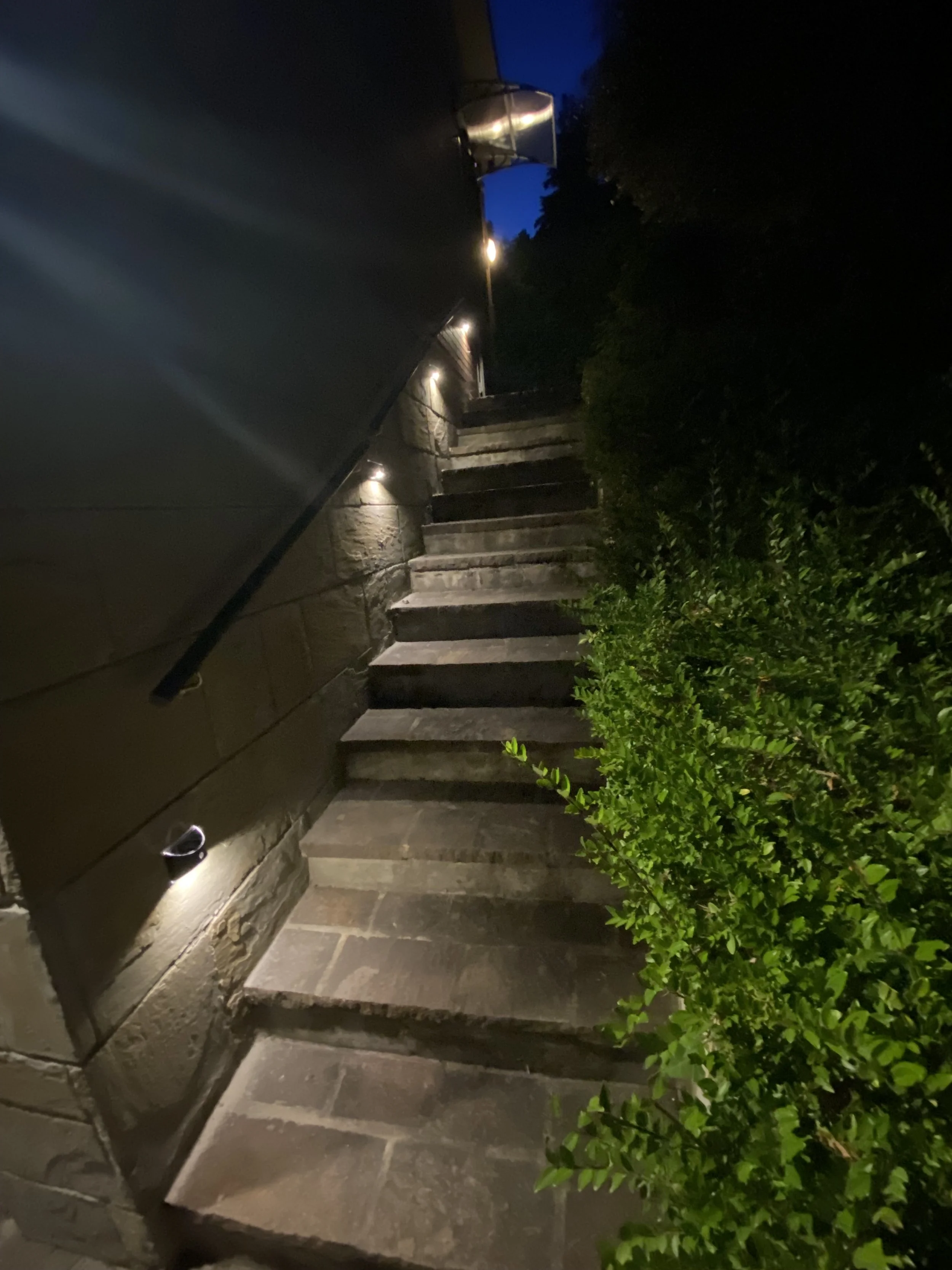 Scalinata in pietra illuminata da luci da parete, con una siepe verde sulla destra e una parete di fronte con una parapetto metallico, visibile di sera.