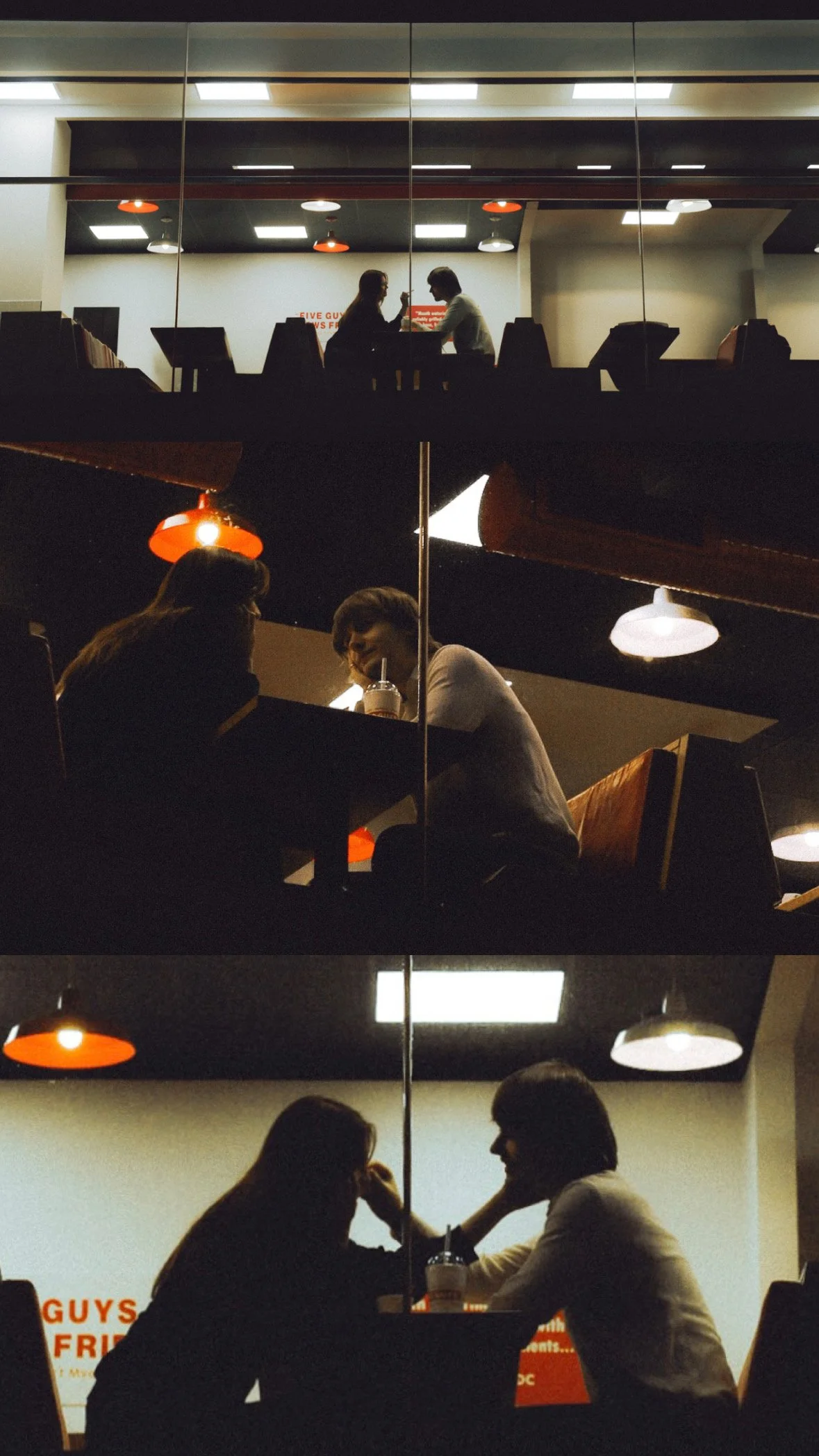 The image shows a triptych of silhouetted people sitting at tables in a dimly lit restaurant or cafe, engaged in conversation, with warm lighting and modern decor.