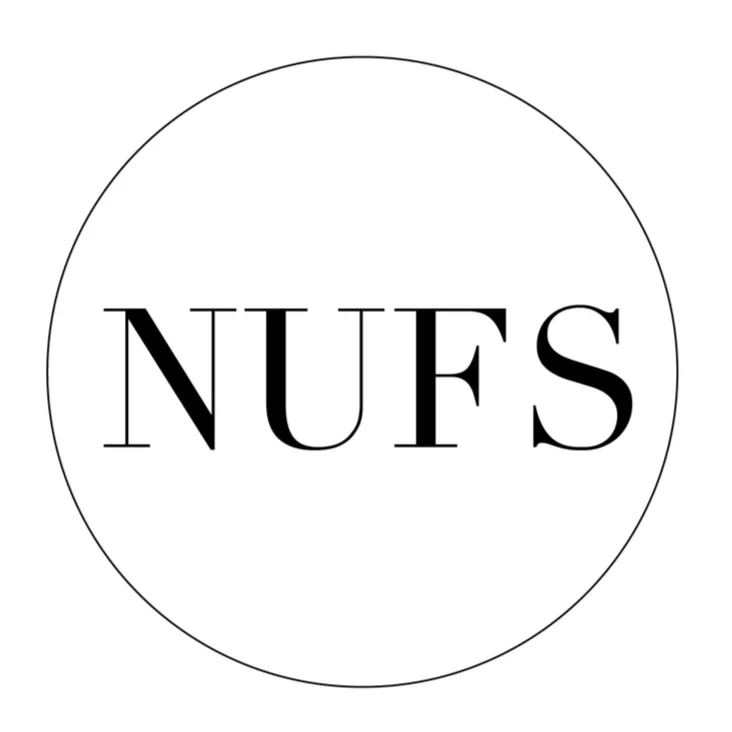 Black text 'NUFS' inside a circle outline on a white background.