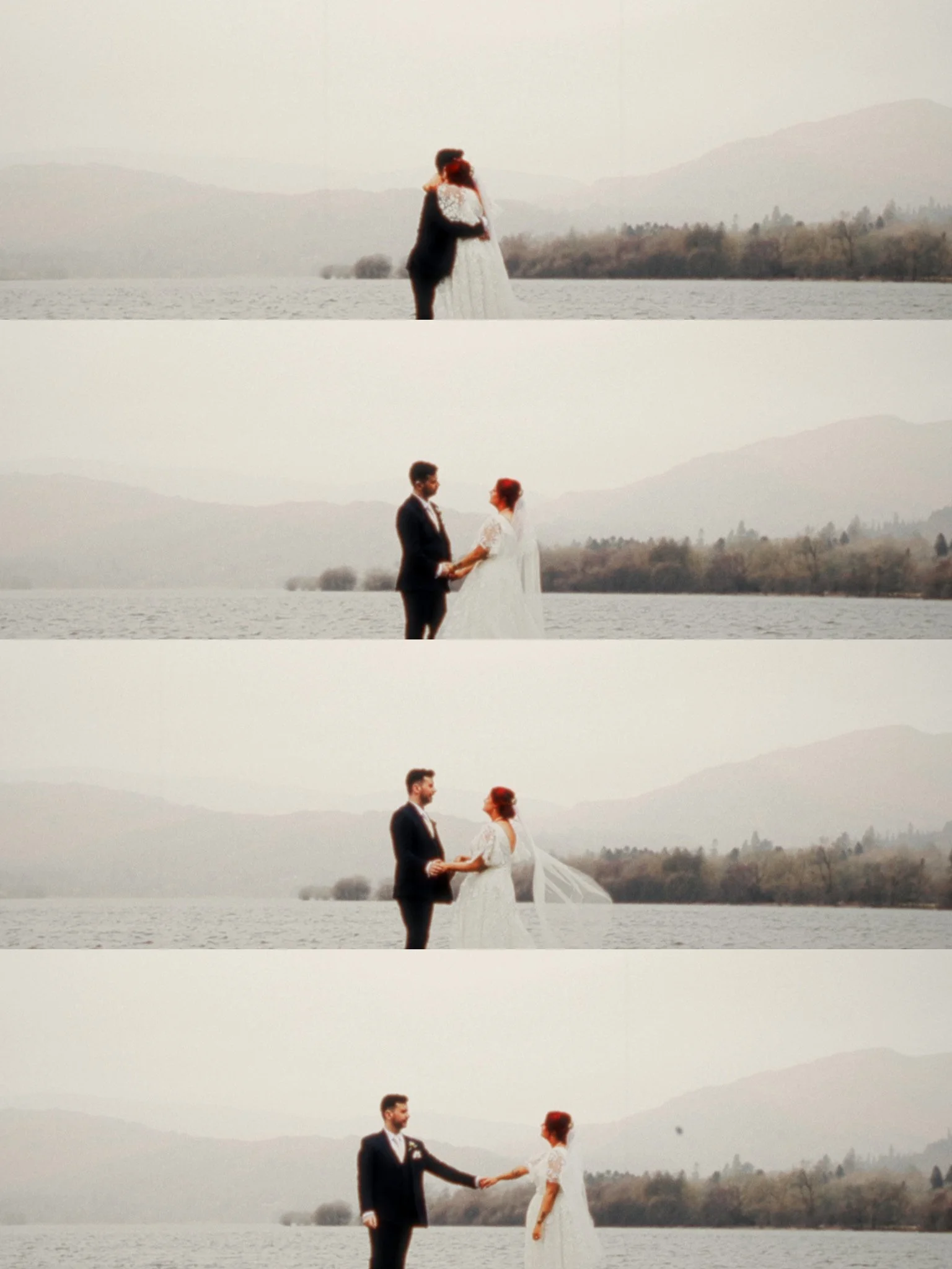 A series of four photos showing a wedding ceremony by the water, featuring a bride and groom exchanging vows, holding hands, and the groom reaching out to shake hands with the bride.