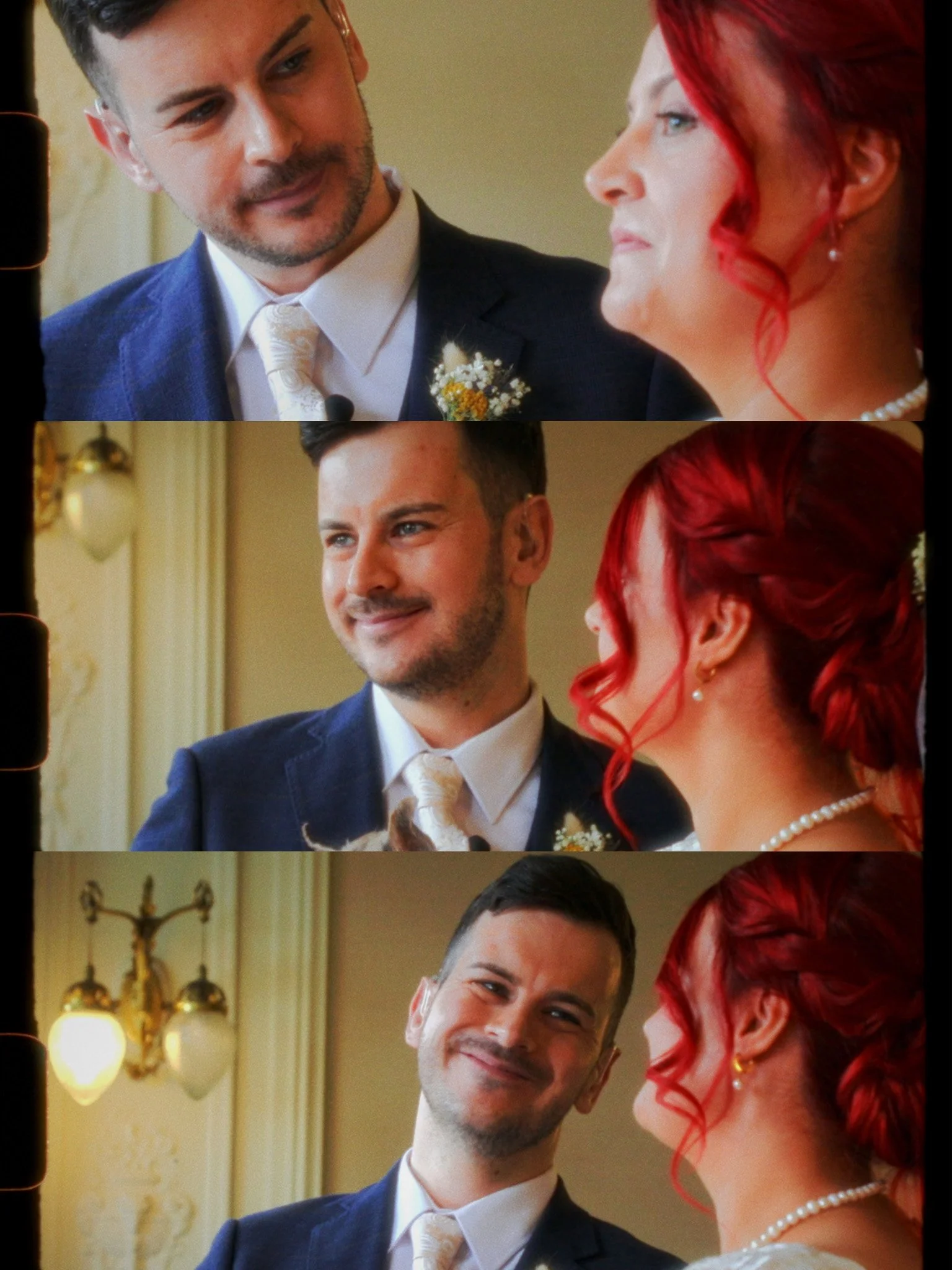 Three frames showing a wedding ceremony: a man and woman standing close, smiling, with the man in a suit and the woman with bright red hair, pearl earrings, and necklace. In each frame, the woman looks at the man, who smiles at her, in a warmly lit r