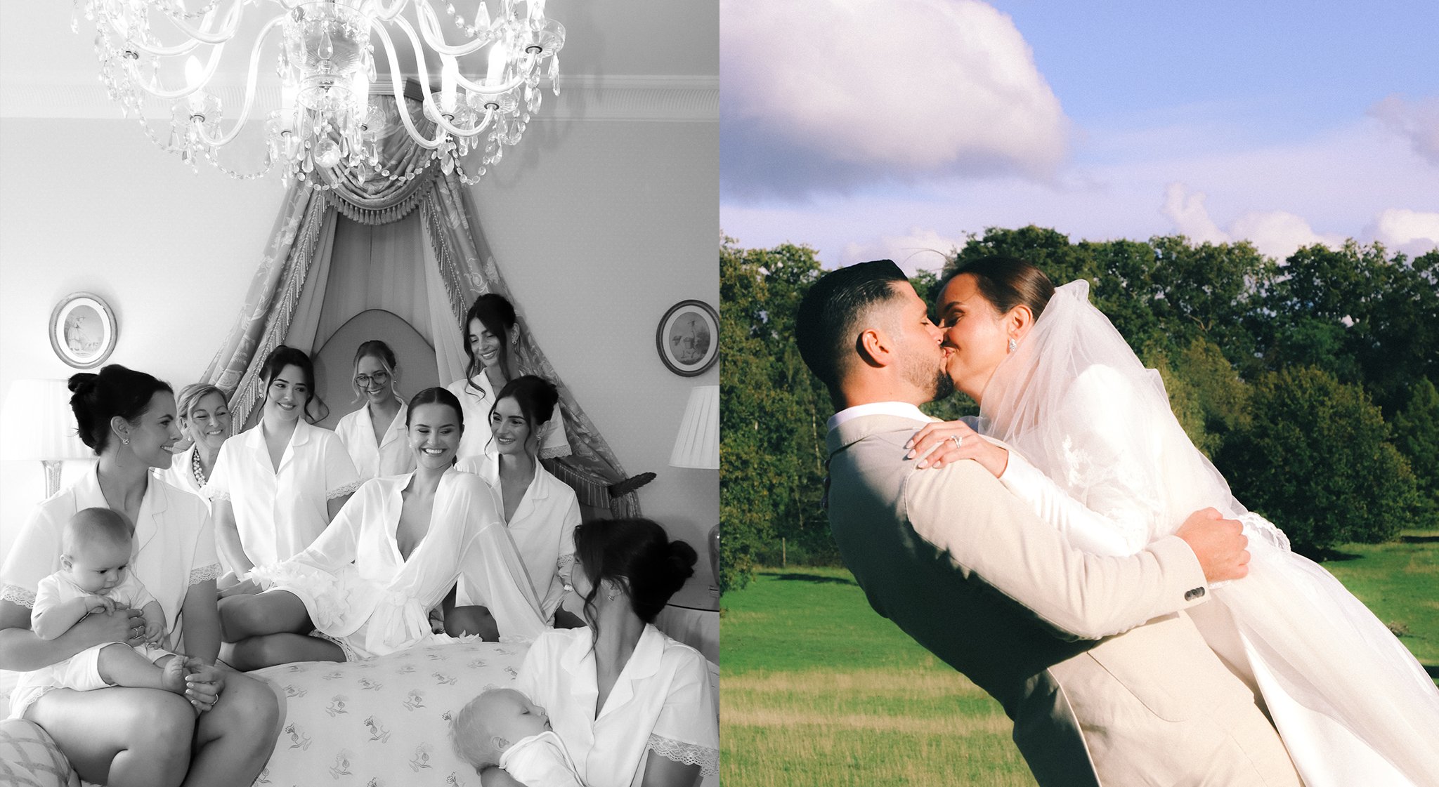 Side-by-side images of a wedding: the left image shows a black and white photo of a bride with her bridesmaids and a baby girl in a decorated room, and the right image shows a color photo of a groom holding and kissing the bride outdoors in a grassy area with trees in the background.