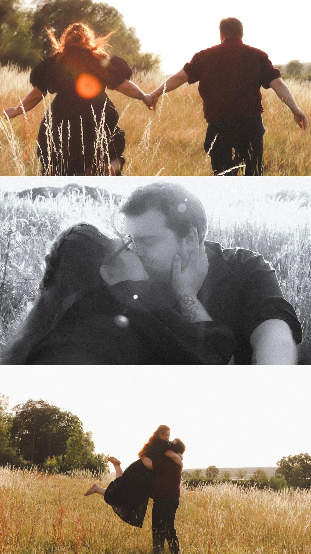 A couple holding hands and walking through a field at sunset, a woman being lifted by her partner while hugging, and a man lifting a woman in a field as they celebrate their love.
