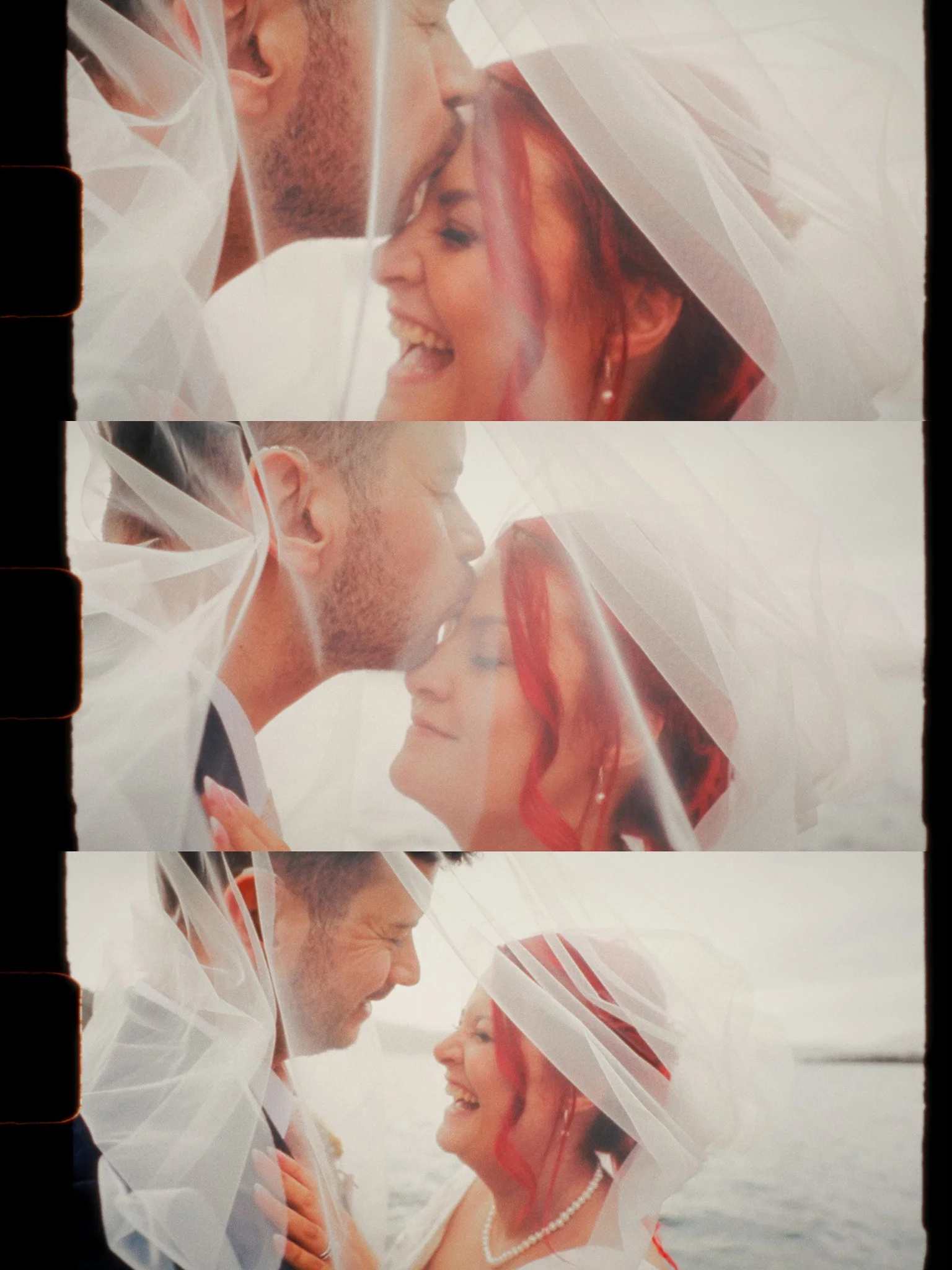 A series of three photos showing a couple during their wedding, with the groom wrapping in a veil while they smile and laugh together.