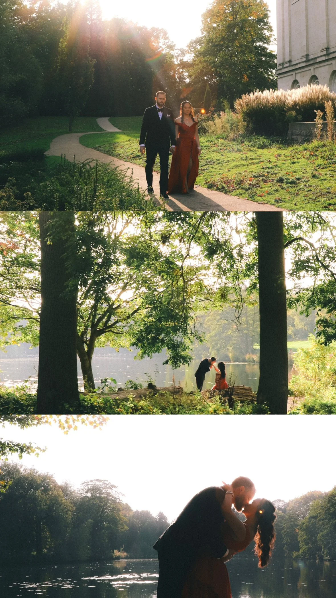 Couples in romantic settings near water and in a park, dressed formally, enjoying sunset views.