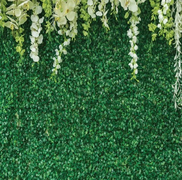 Artificial green leafy wall with hanging white flowers at the top.