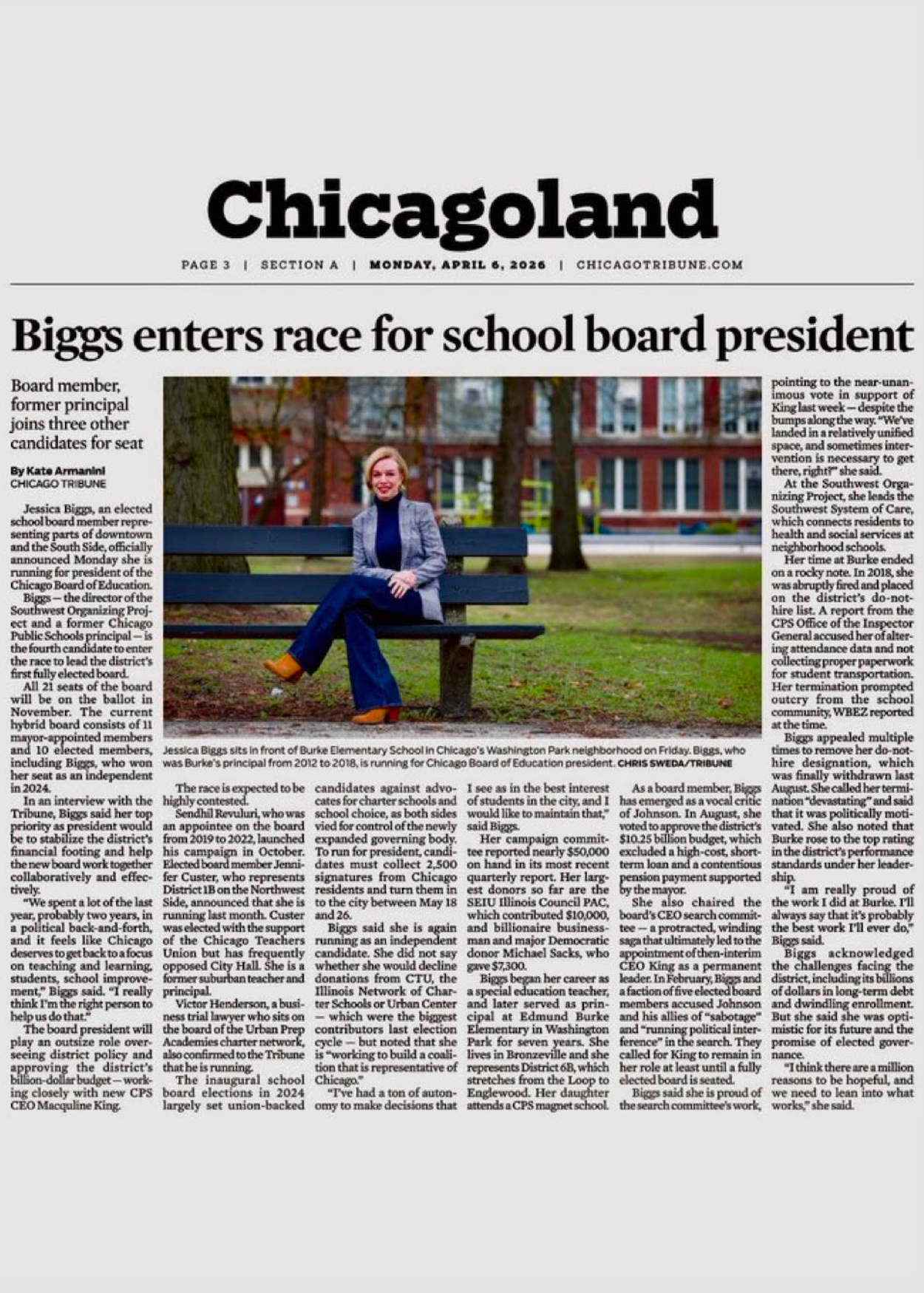 Chicago Tribune: Former CPS principal enters race for Chicago school board president