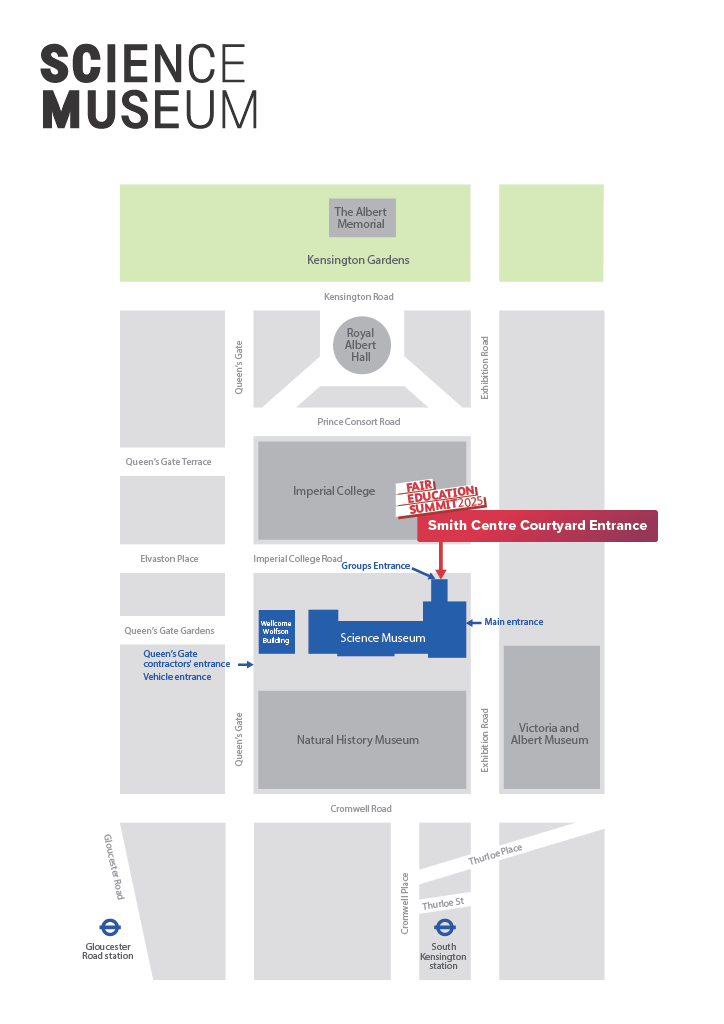 Map showing the location of the Fair Education Summit 2025 at the Science Museum