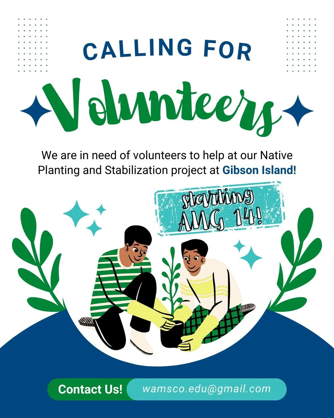 🌿 Calling All Volunteers! 🌿

WAMSCO needs YOUR help with our Gibson Island Restoration Project &mdash; starting tomorrow and continuing over multiple days! 💪✨

📅 When: Starting Thursday, August 14 at 9:00 AM
📍 Where: Gibson Island (Cloverleaf La