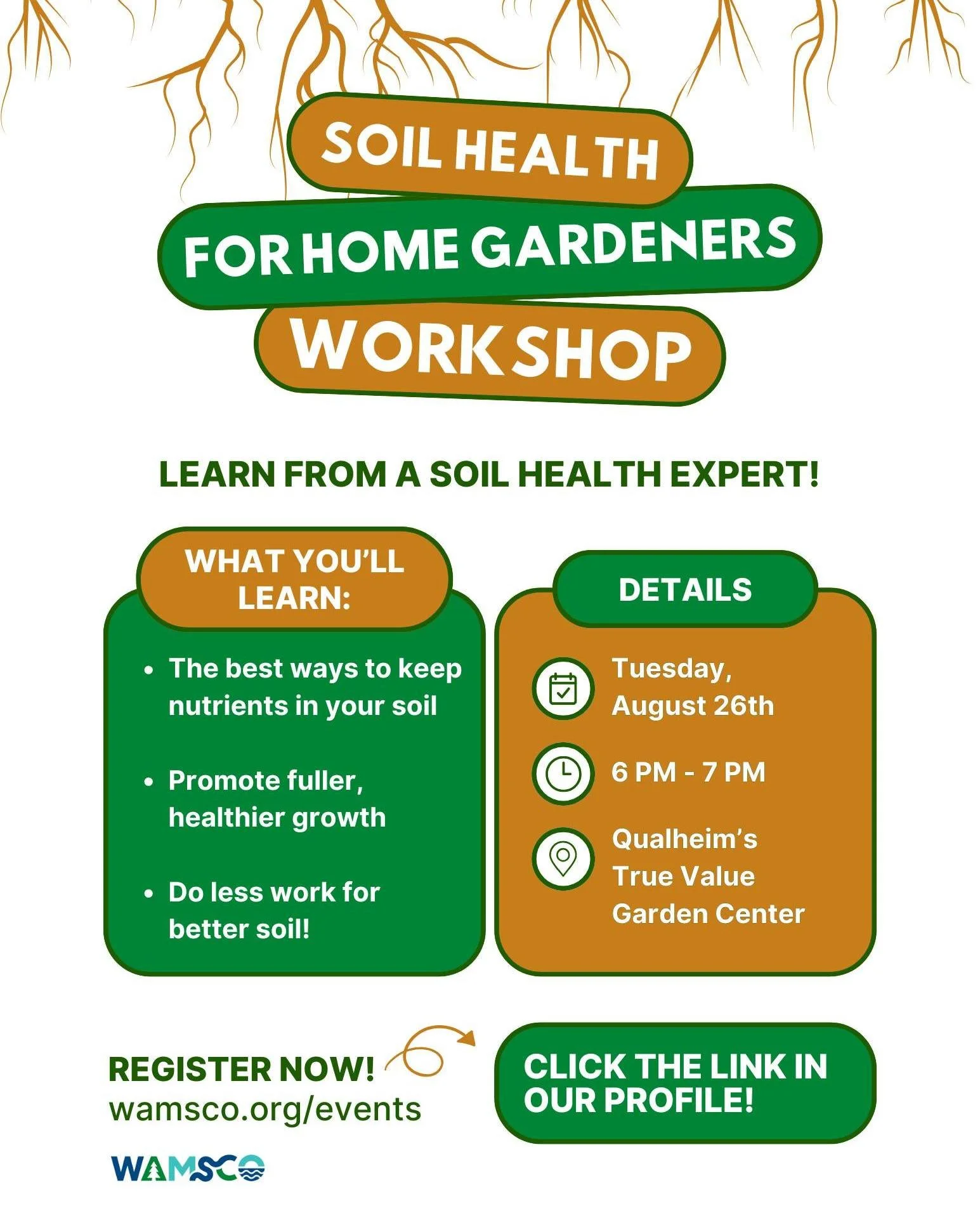 🌱 FREE Soil Health for Home Gardeners Workshop! 🌱

Want healthier plants, better harvests, and less work in your garden? Join WAMSCO for a FREE workshop with soil health expert Jamie Patton (NRCS)!

Register for free by clicking the link in our pro