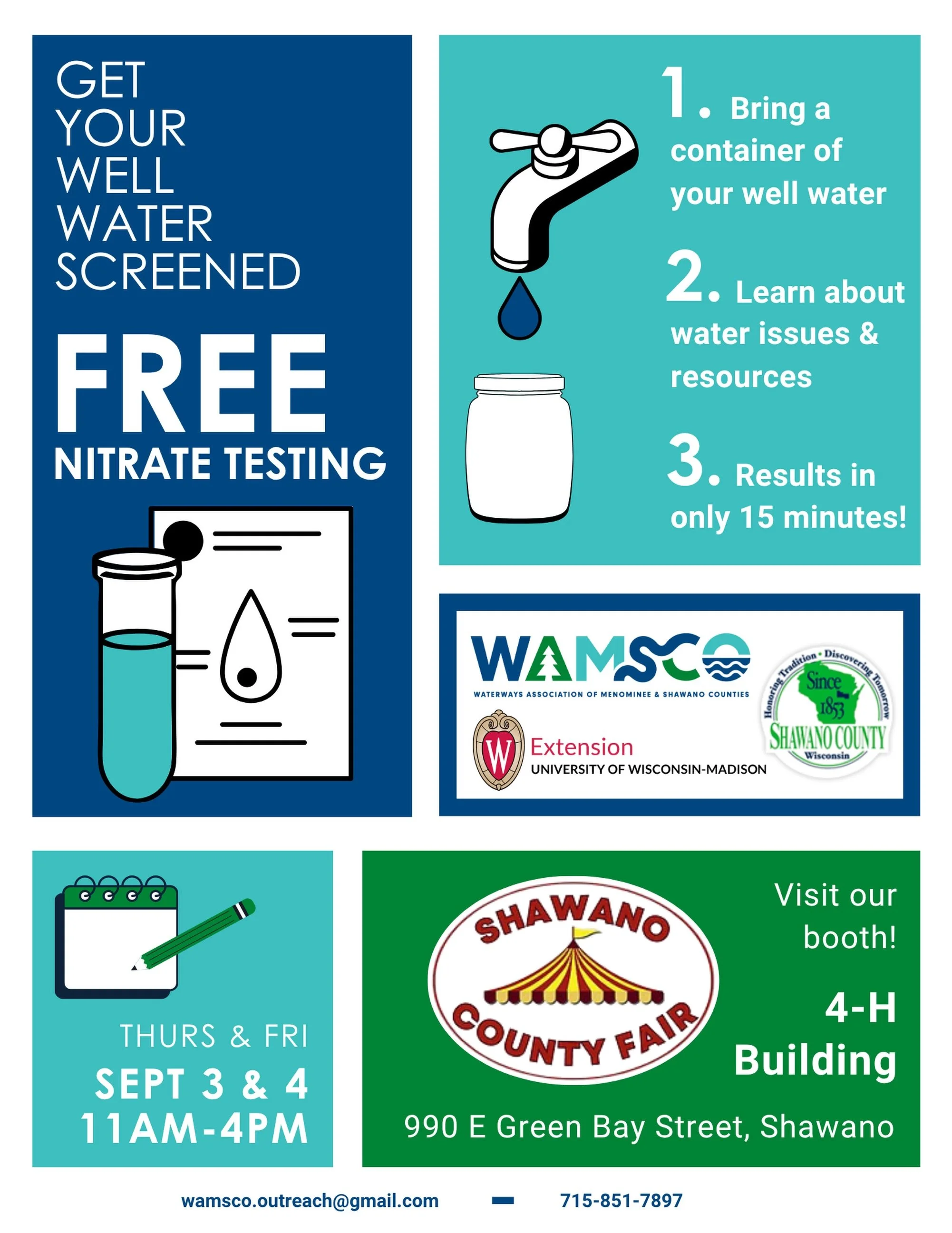 Attending the Shawano County Fair today or tomorrow? Stop by the 4H barn from 11-4 pm and get your well water tested for nitrates for free!💧