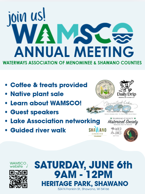 Flyer for WAMSCO Annual Meeting on June 6th at Heritage Park, Shawano, featuring event details and logos of related organizations.