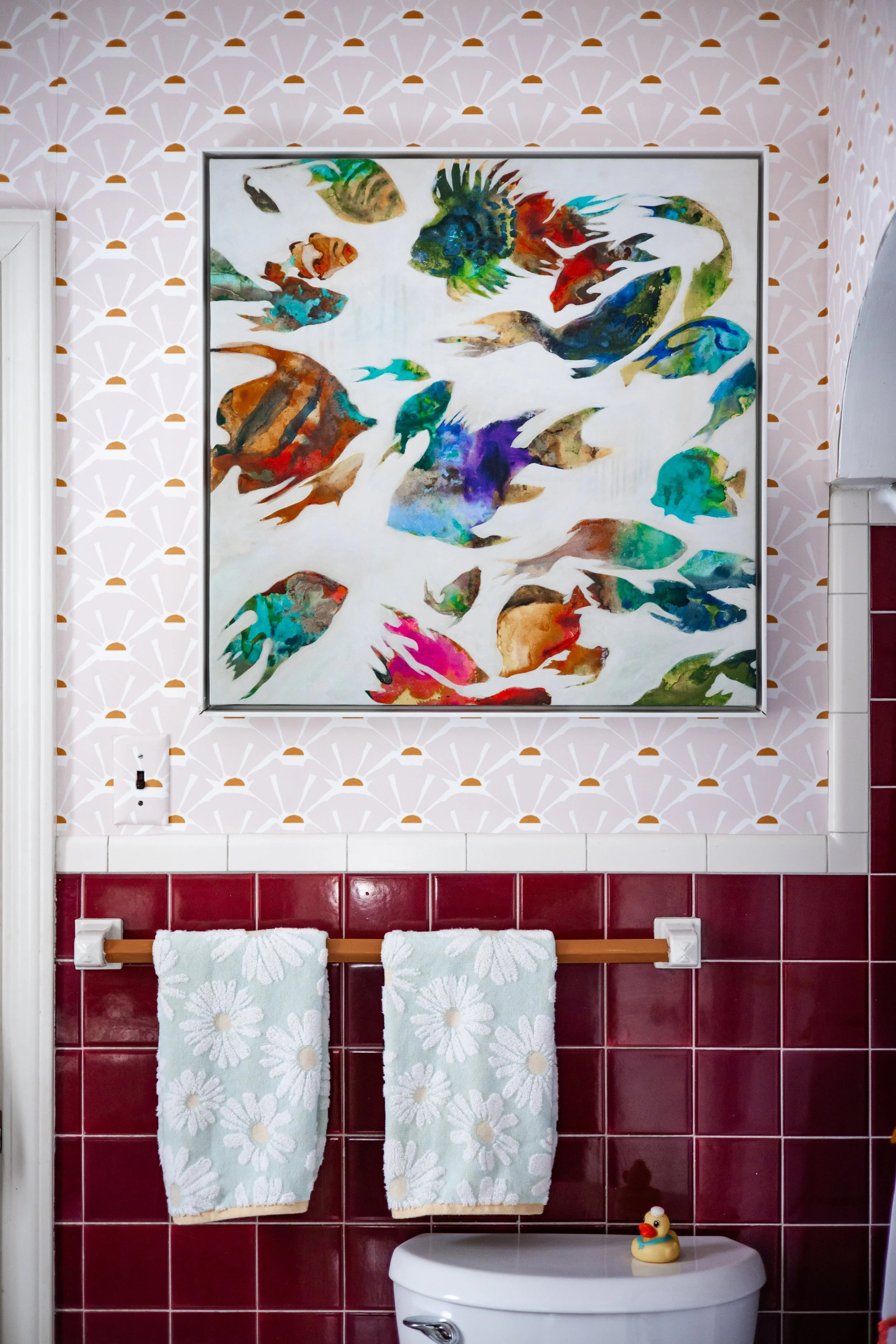 Vintage bathroom with maroon tile in Shaker Heights, Ohio