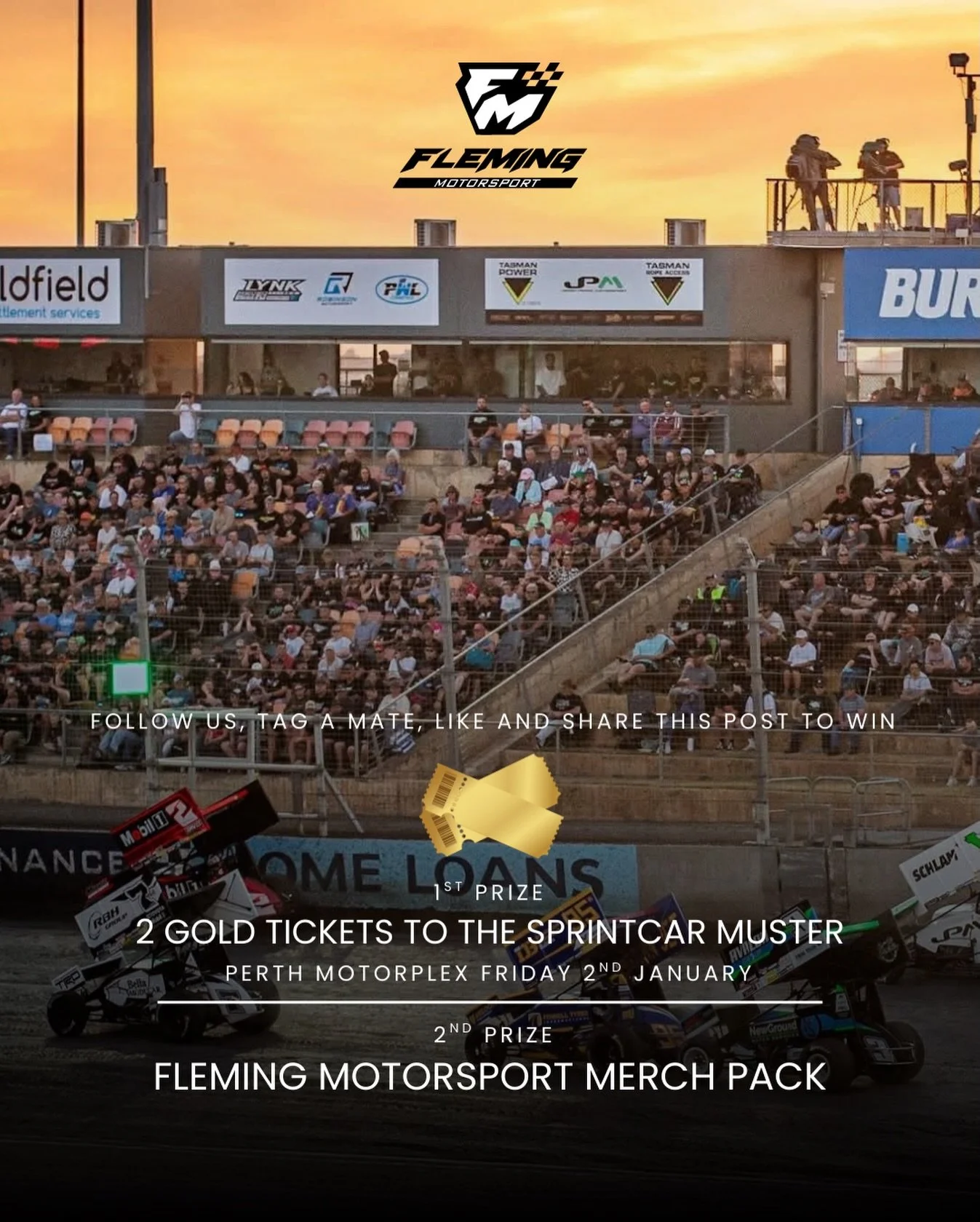 🏁 WIN BIG WITH FLEMING MOTORSPORT 🏁

🥇 1st Prize: 2x GOLD tickets to the Sprintcar Muster
📍 Perth Motorplex
🗓 Friday 2nd January

🥈 2nd Prize: Fleming Motorsport merch pack

👉 To enter:
✔ Follow us
✔ Like this post
✔ Tag a mate
✔ Share this po