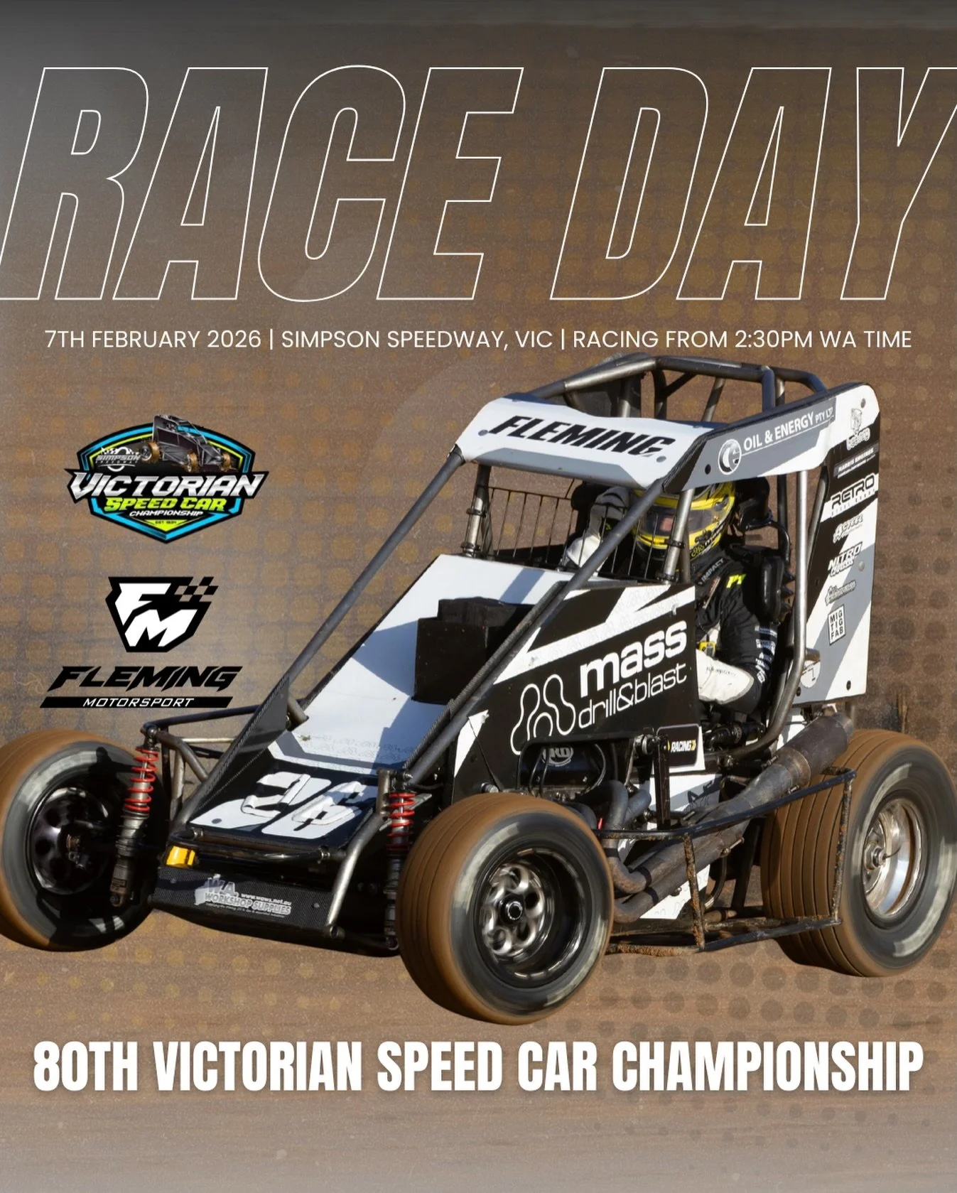 Get up it's race day! 

Today we are at the Simpson Speedway for the 80th Victorian Speed Car Championship. 

Cars on track from 2:30pm WA Time. 

Stay tuned for all the updates. 

Can&rsquo;t make it to the track? Catch all the action live on Clay-P