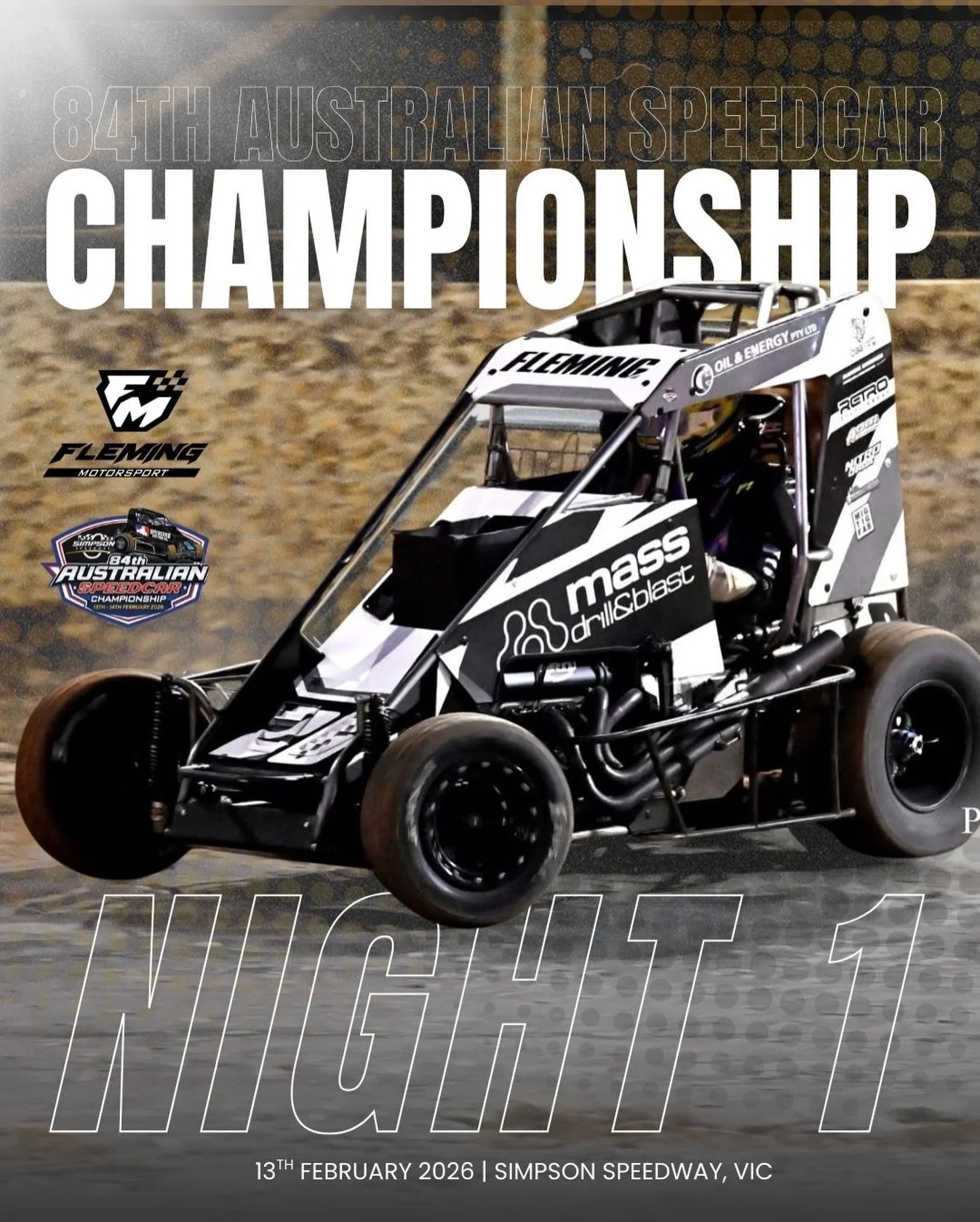 Get up it's race day! 

It is night 1 of the 84th Australian Speedcar Championship at Heytesbury Stockfeeds Simpson Speedway

Cars on track from 2:30pm WA Time. 

HEAT 4 - starting P7
HEAT 7 - starting P4

We will have limited service at the track so