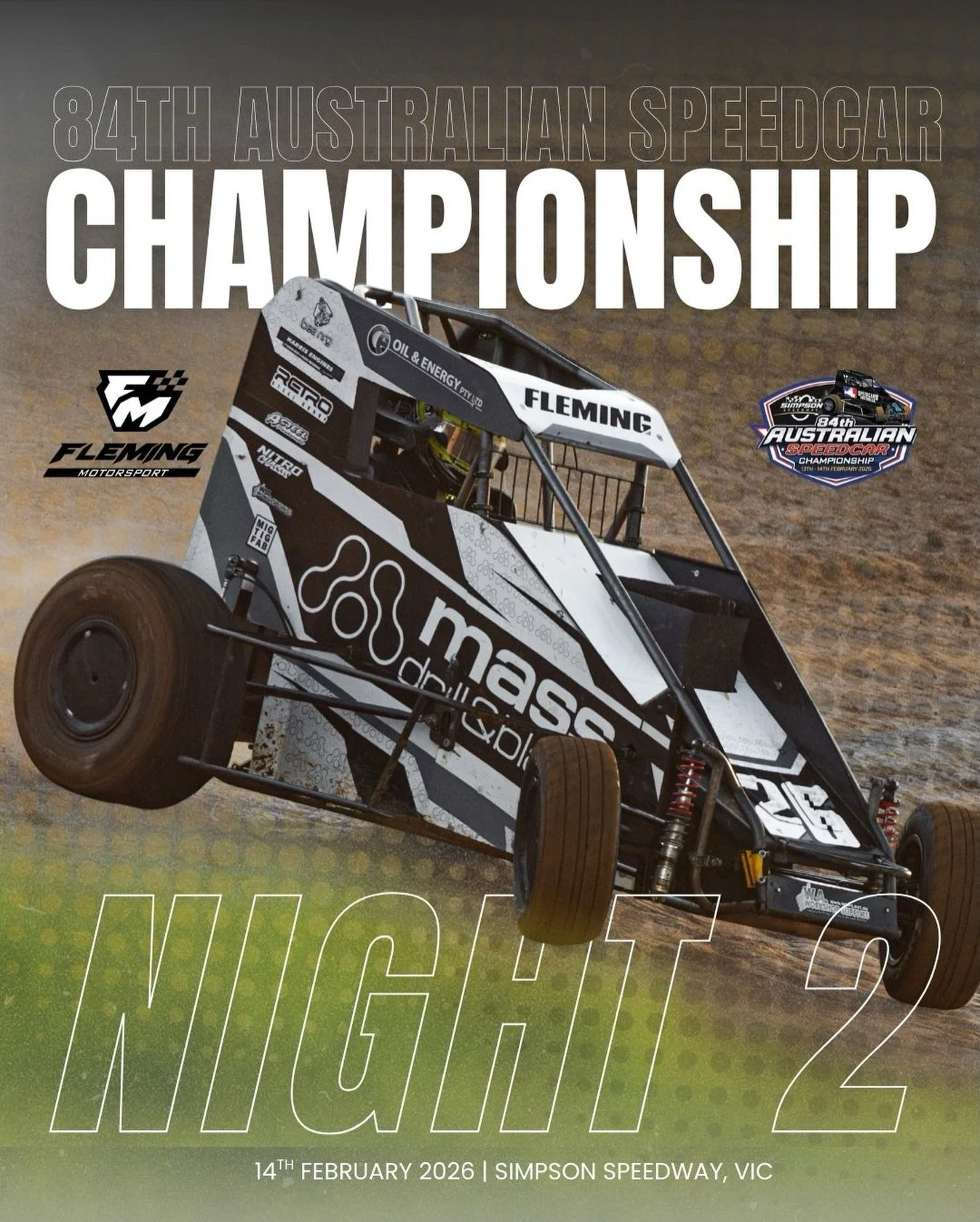 It's feature night, round 2 of the 84th Australian Speedcar Championship at Heytesbury Stockfeeds Simpson Speedway

Cars on track from 2:30pm WA Time. 
We have 2 rounds of heats followed by feature time. 

We will have limited service at the track so