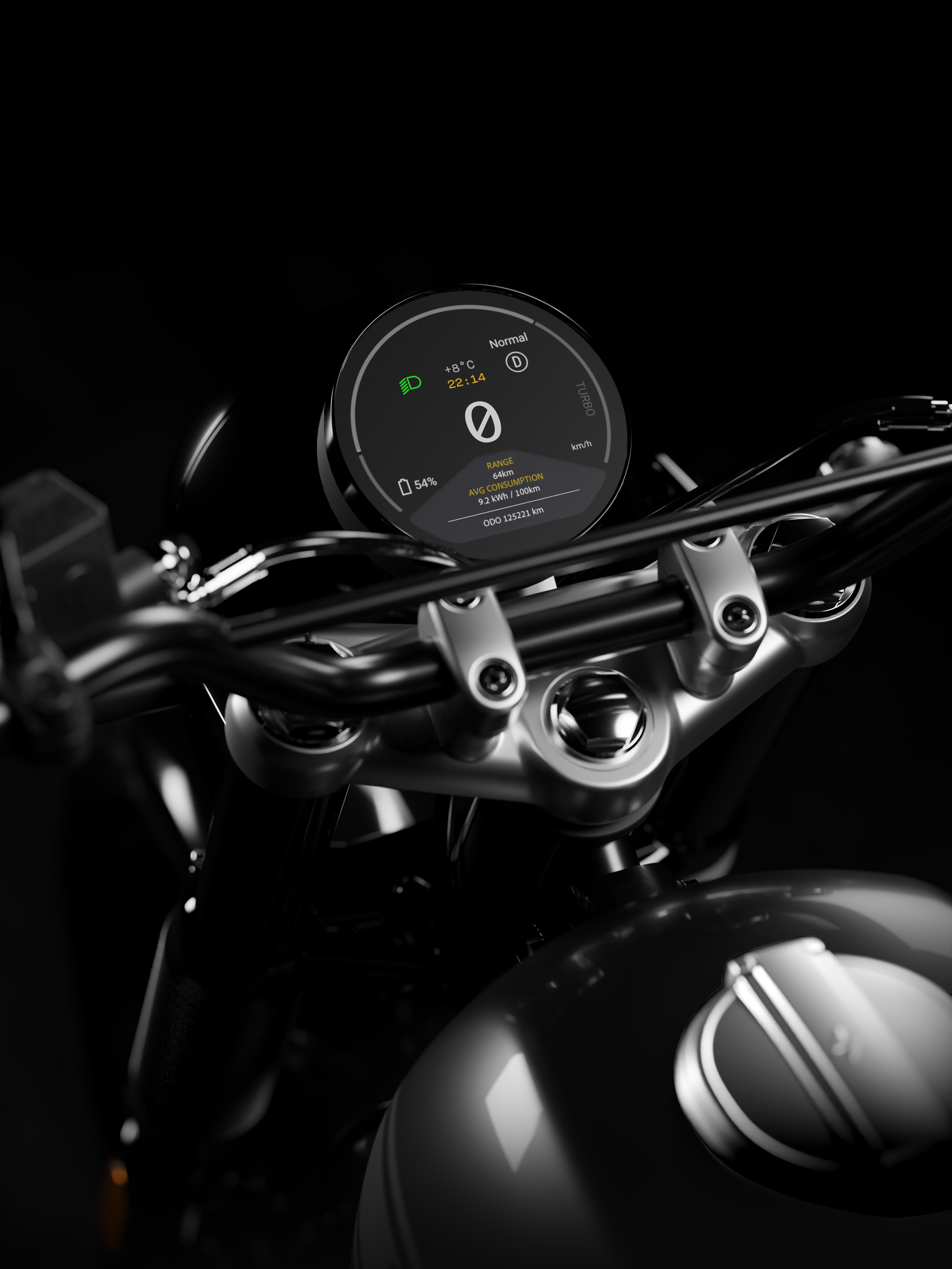 Tableau de bord numérique d'une moto électrique noire avec affichage digital, montrant la vitesse 0 km/h, distance, consommation moyenne, et autres indicateurs, dans un environnement sombre.