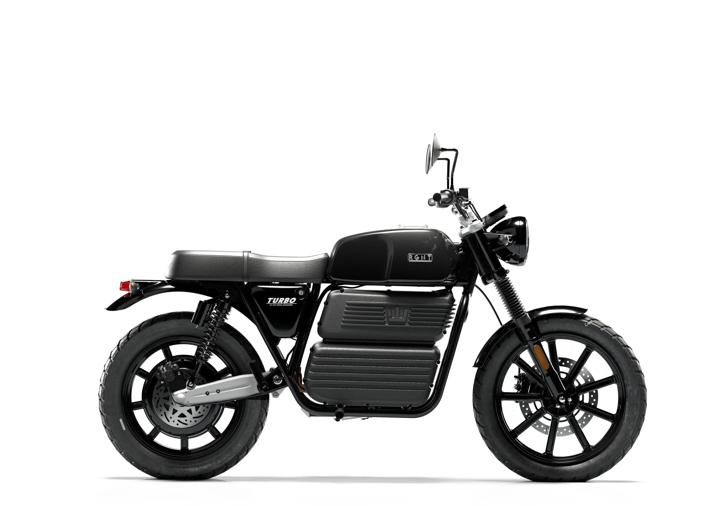 Moto noire moderne avec un design vintage, sans guidon, équipée d'une batterie tout en étant équipée de pneus épais.