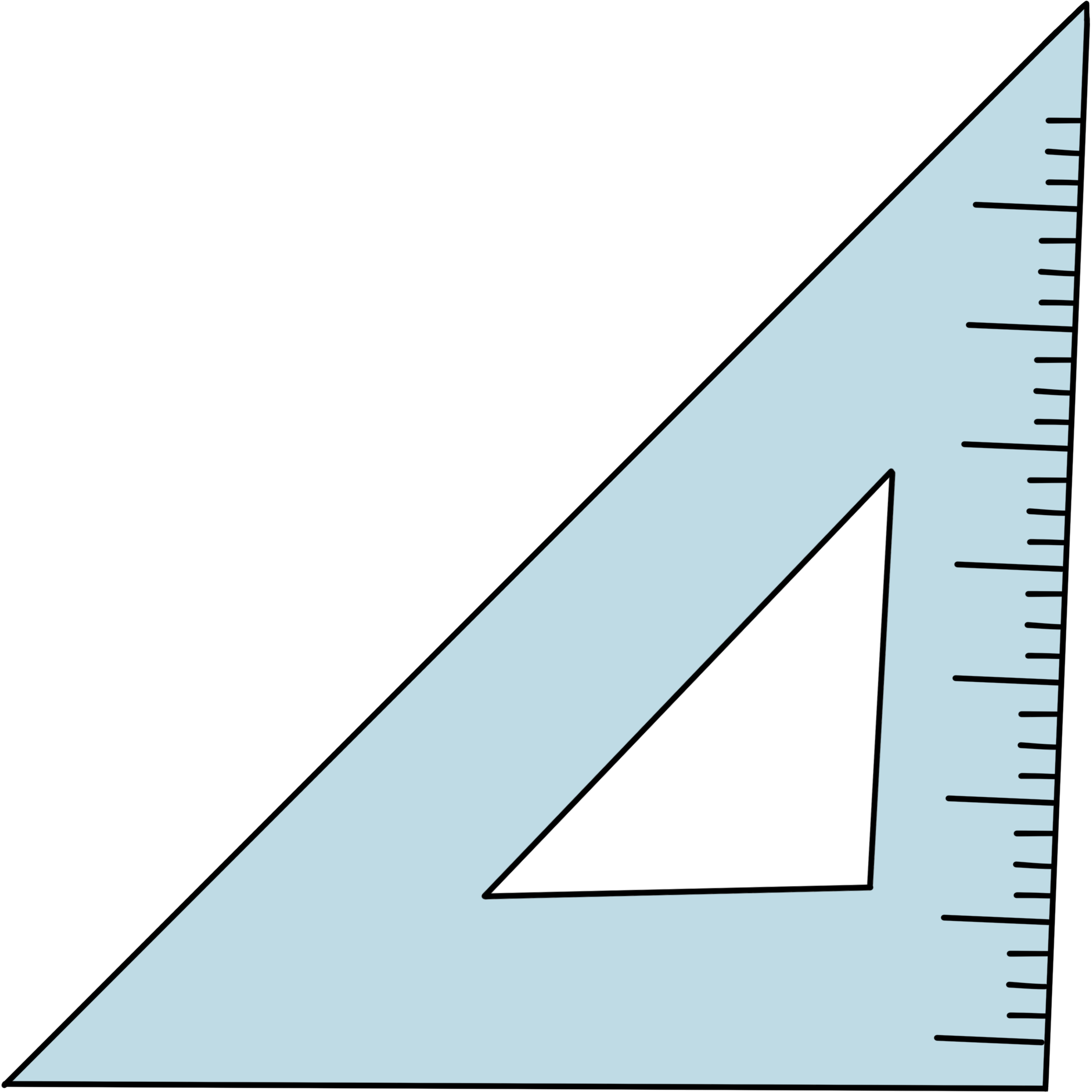 A black and light blue triangle ruler with measurements, positioned on a light blue background.