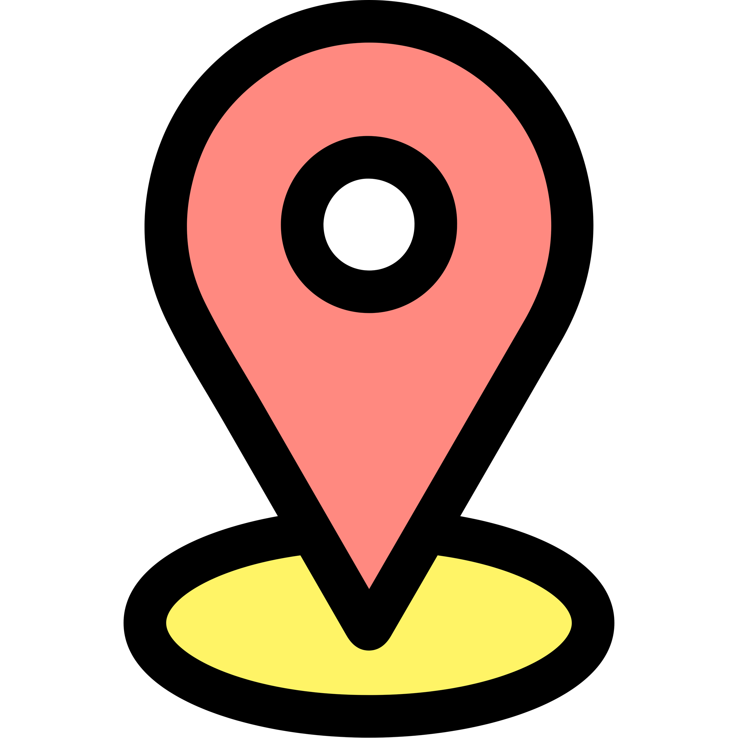 Simplified digital map marker icon with a pink map pin, black circular center, white dot, and yellow shadow on a black background.