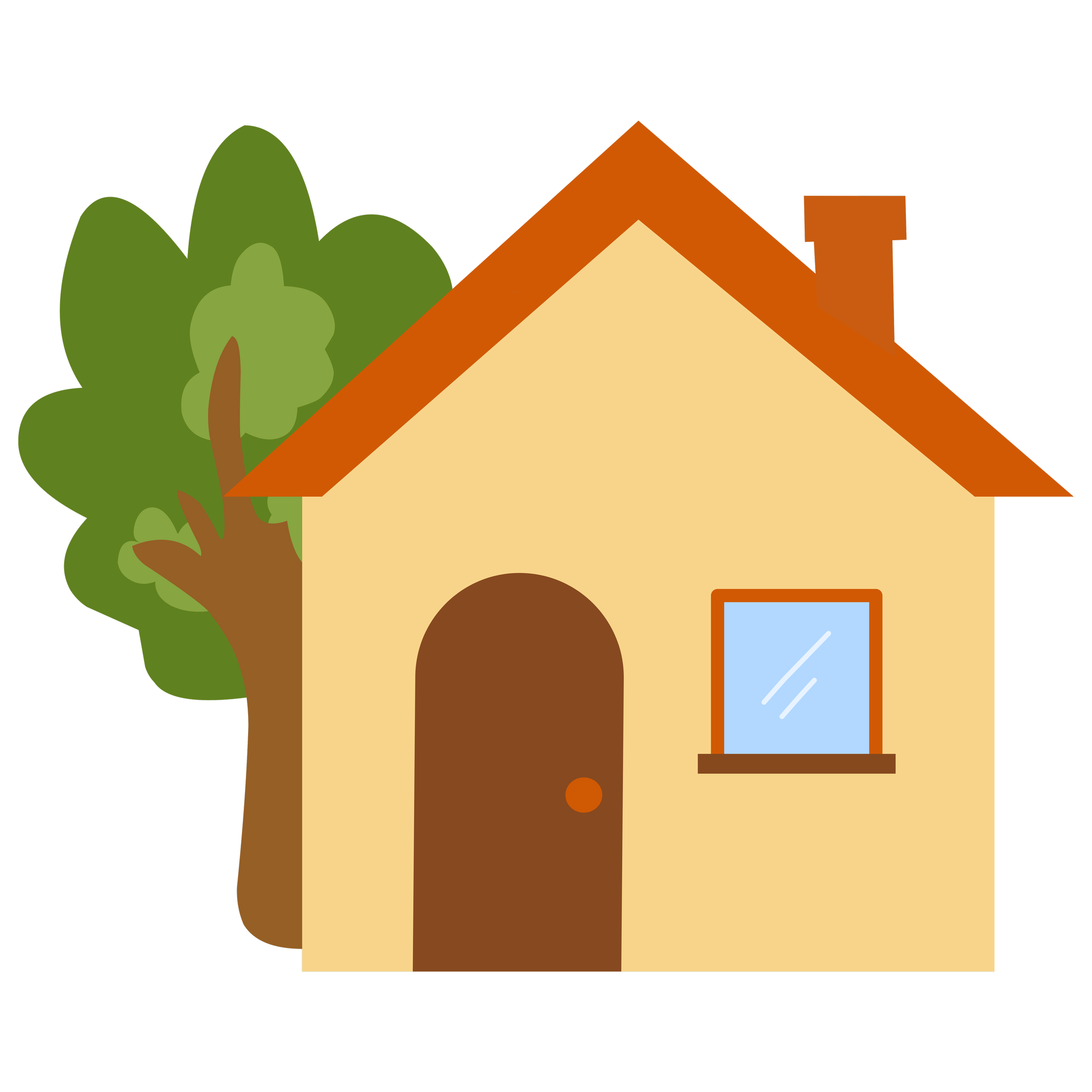 A cartoon house with a brown door, a window, a red roof, and a chimney, with a large green tree beside it.