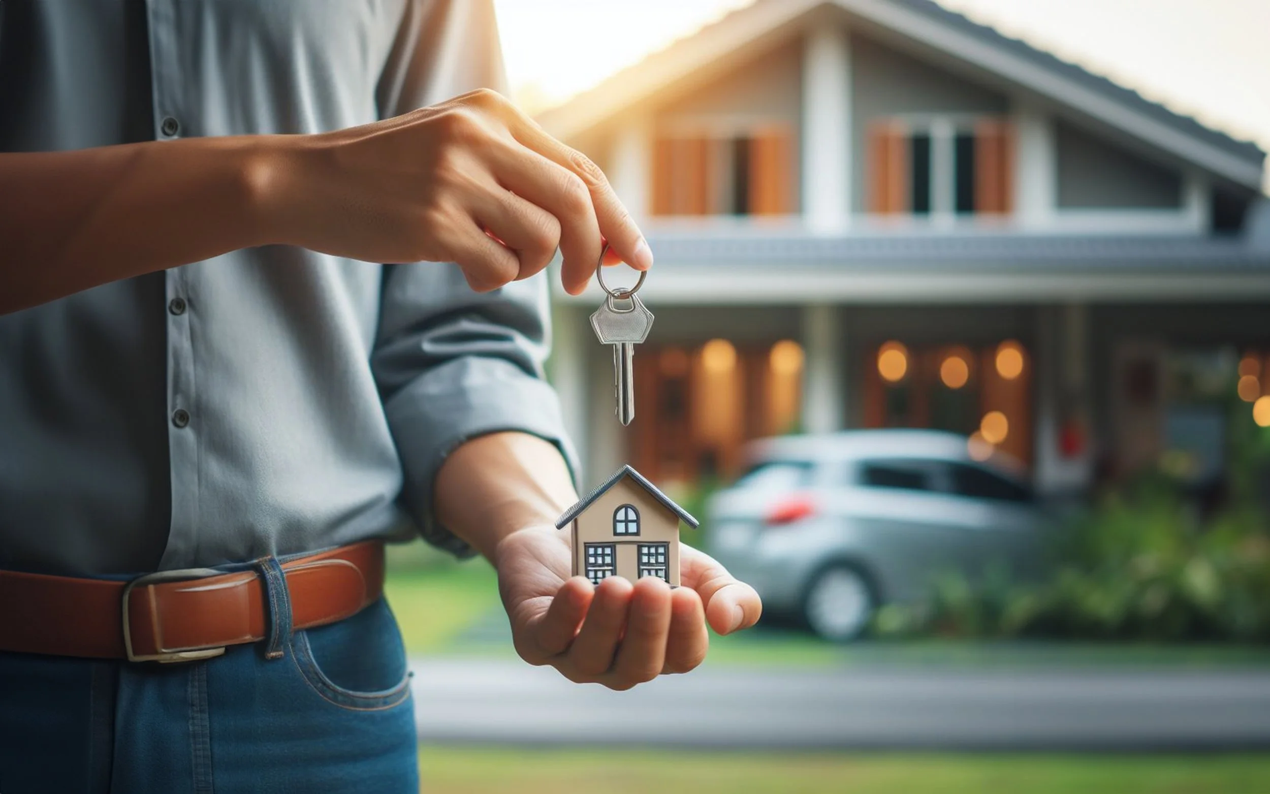 Person holding a house-shaped keychain and a key in front of a house, with a car parked outside and a sunny background.
