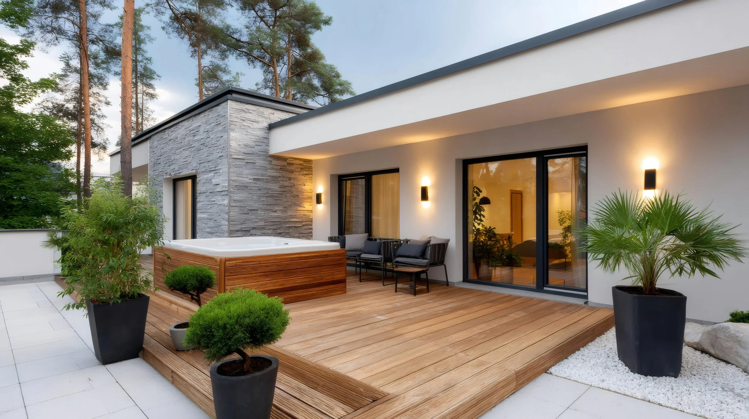 Modern rooftop terrace with wooden decking, potted plants, a hot tub, and outdoor seating, overlooking trees and a neighborhood in the background.