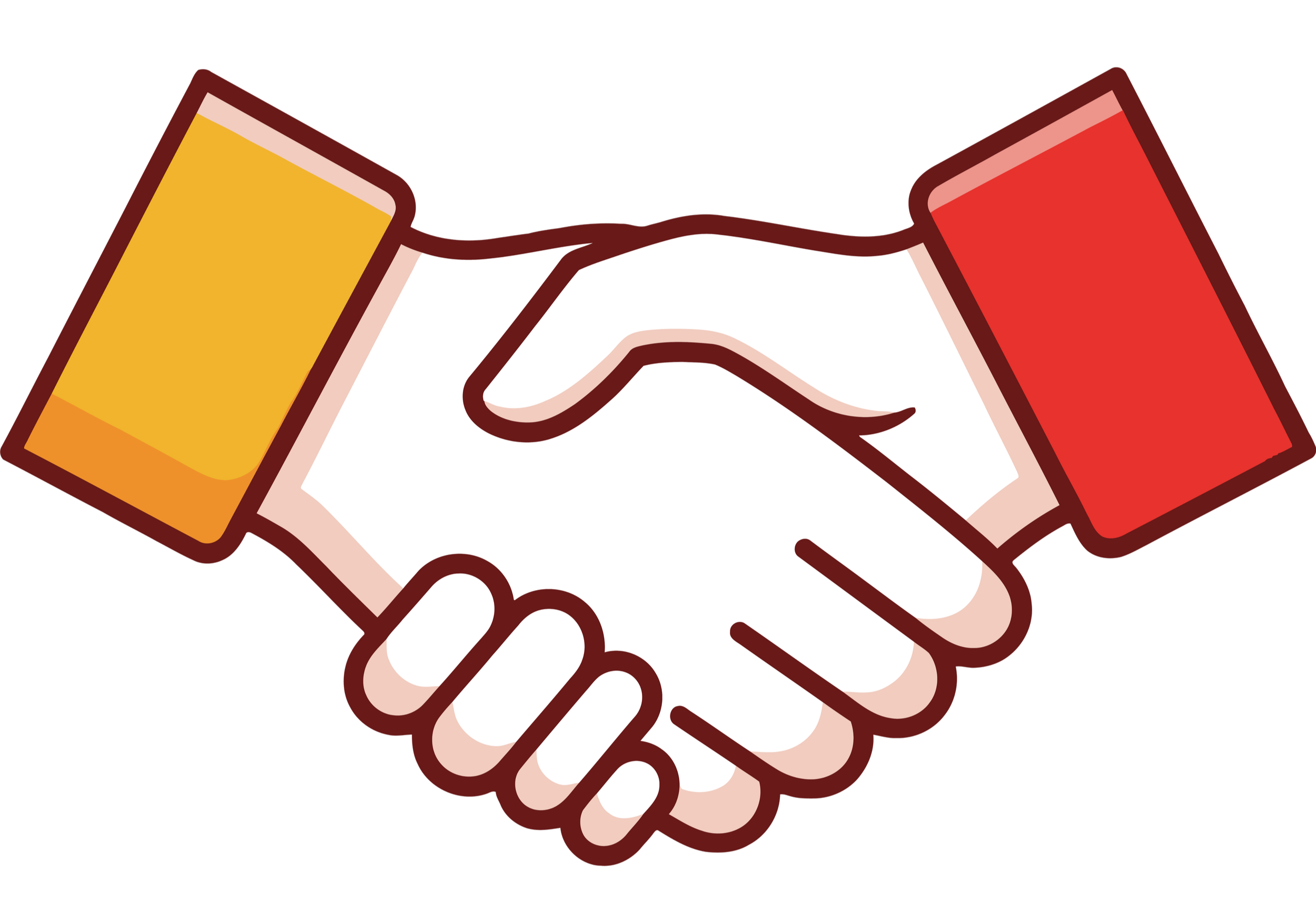 Illustration of two hands shaking, one hand wearing a yellow sleeve and the other a red sleeve.