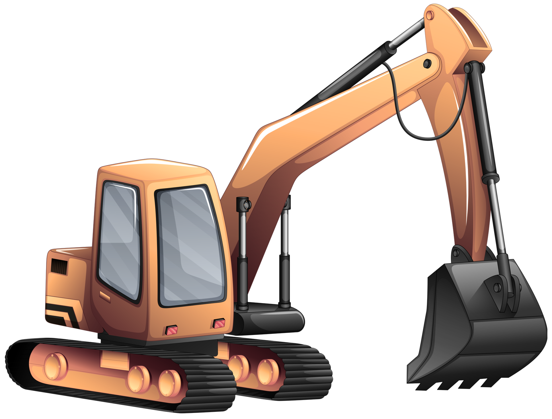 A digital illustration of an orange excavator with black tracks and a large black bucket. The excavator has a cab with large windows and hydraulic arms.