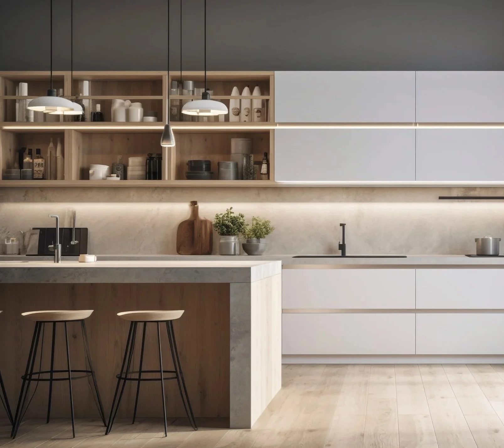 Modern kitchen with wooden and white cabinetry, open shelving, and a marble island with two bar stools.